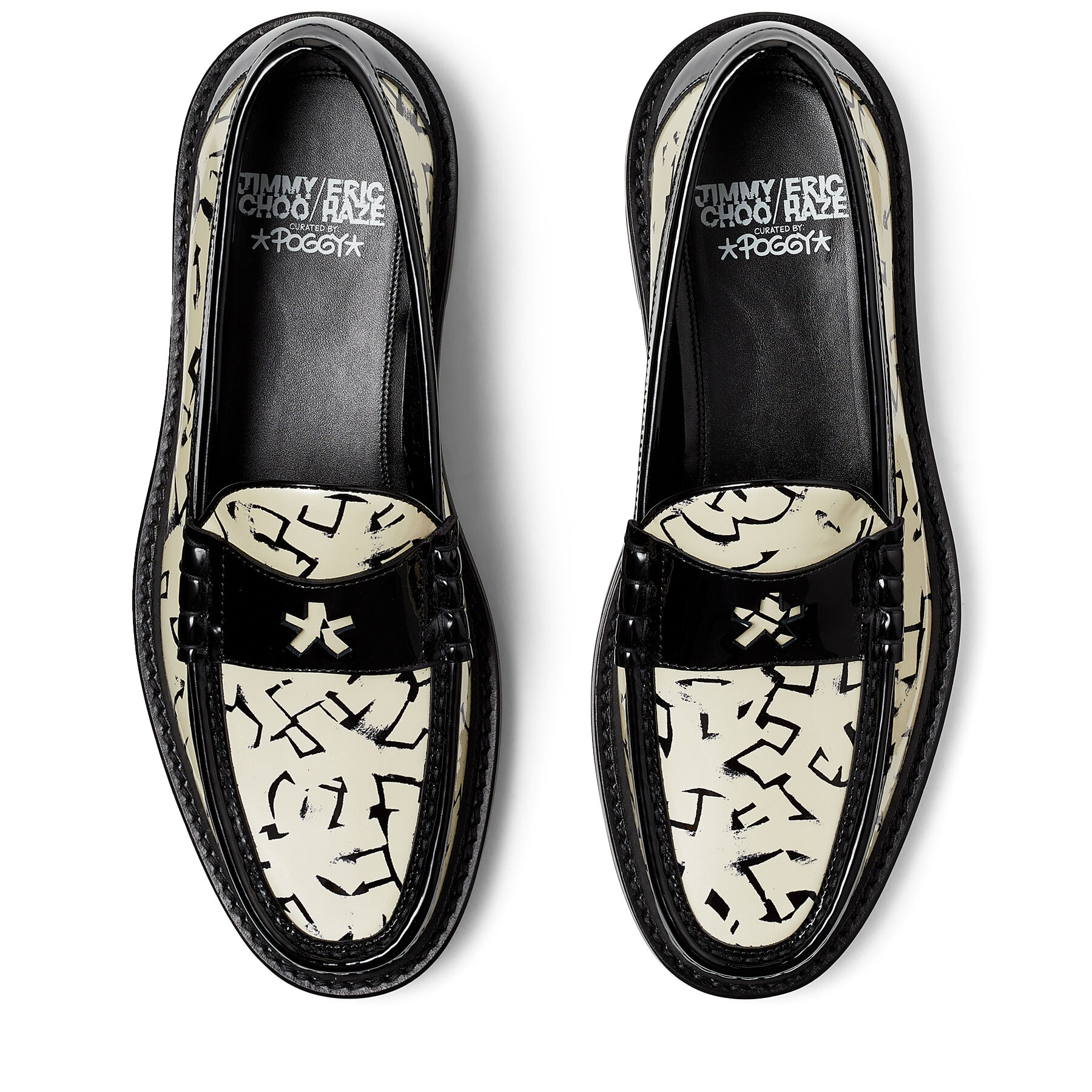White and Black Artwork Printed Patent Leather Loafers