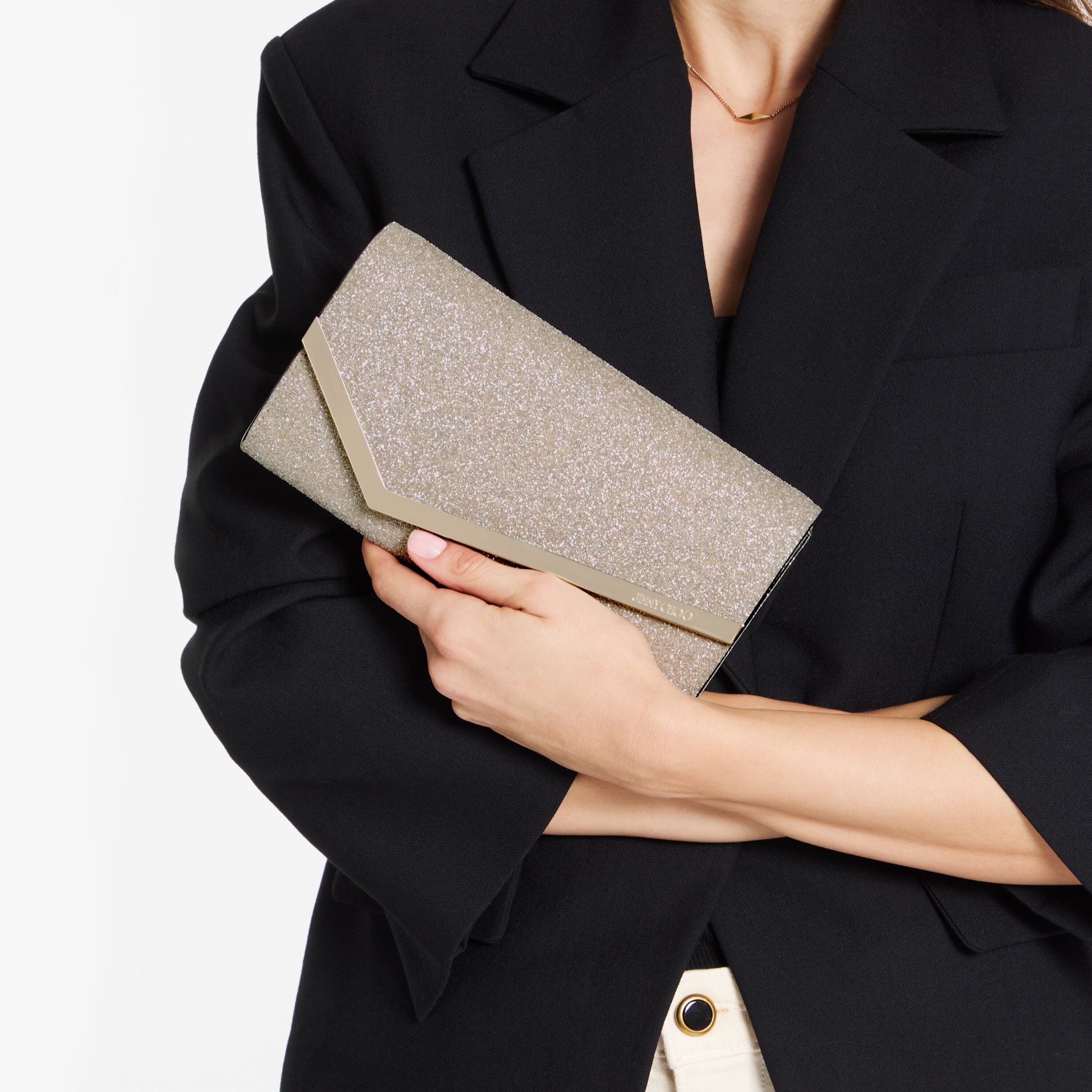 Emmie | Light Soft Gold Caviar Glitter Clutch Bag | JIMMY CHOO