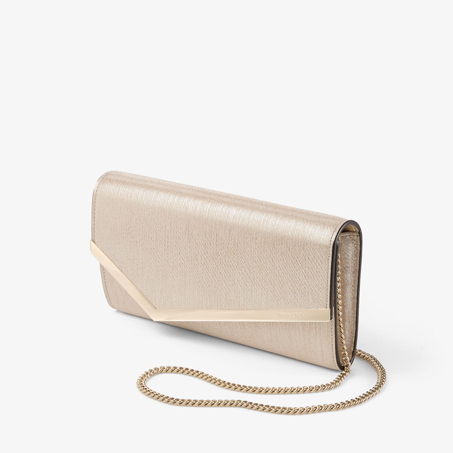 Emmie |Soft Gold Metallic Linear Leather Clutch | JIMMY CHOO