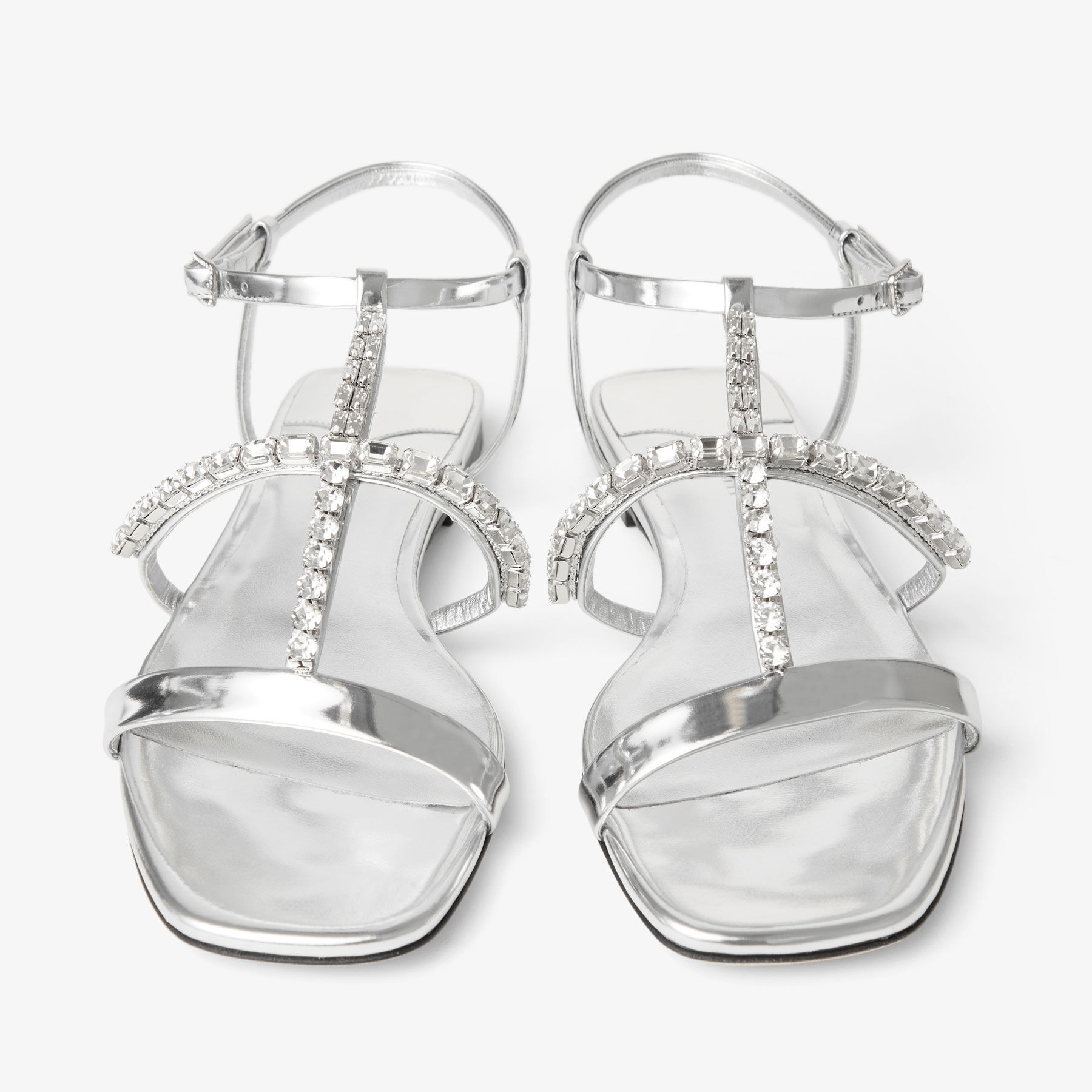 サンダル・ミュール Jimmy Choo Silver Leather Gwyn Sandals Gwyn Flat | Silver Leather Sandal with Crystal