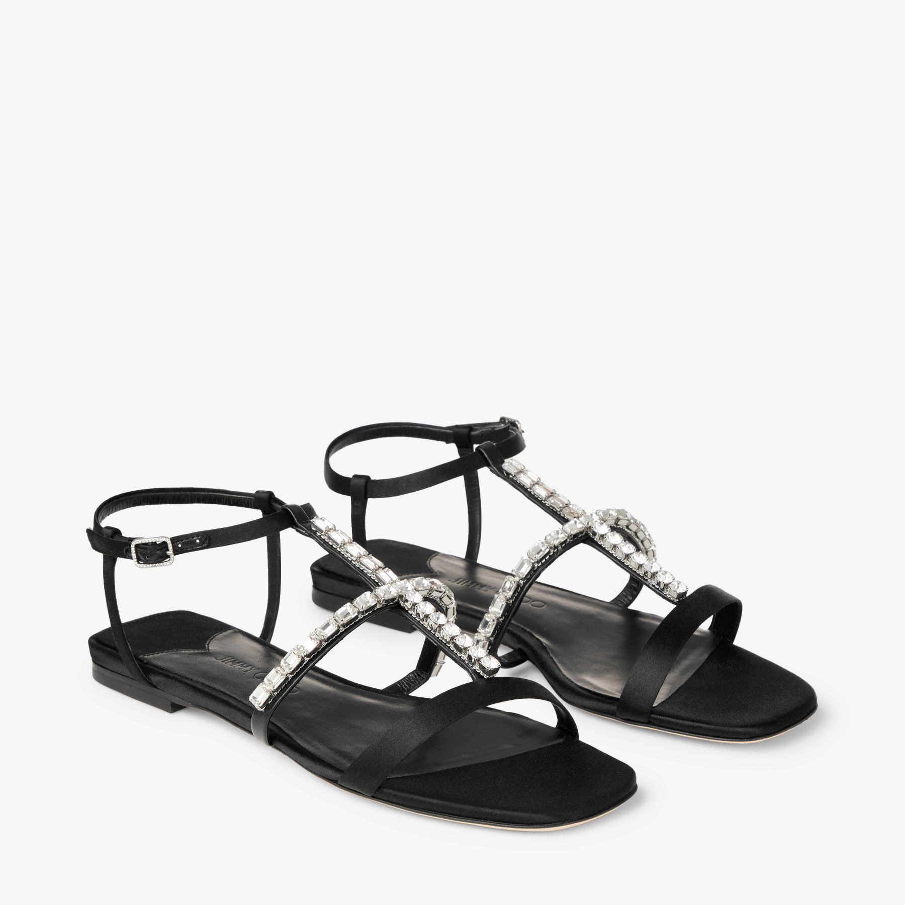 Gwyn Flat | Black Satin Sandal with Crystal Embellishments