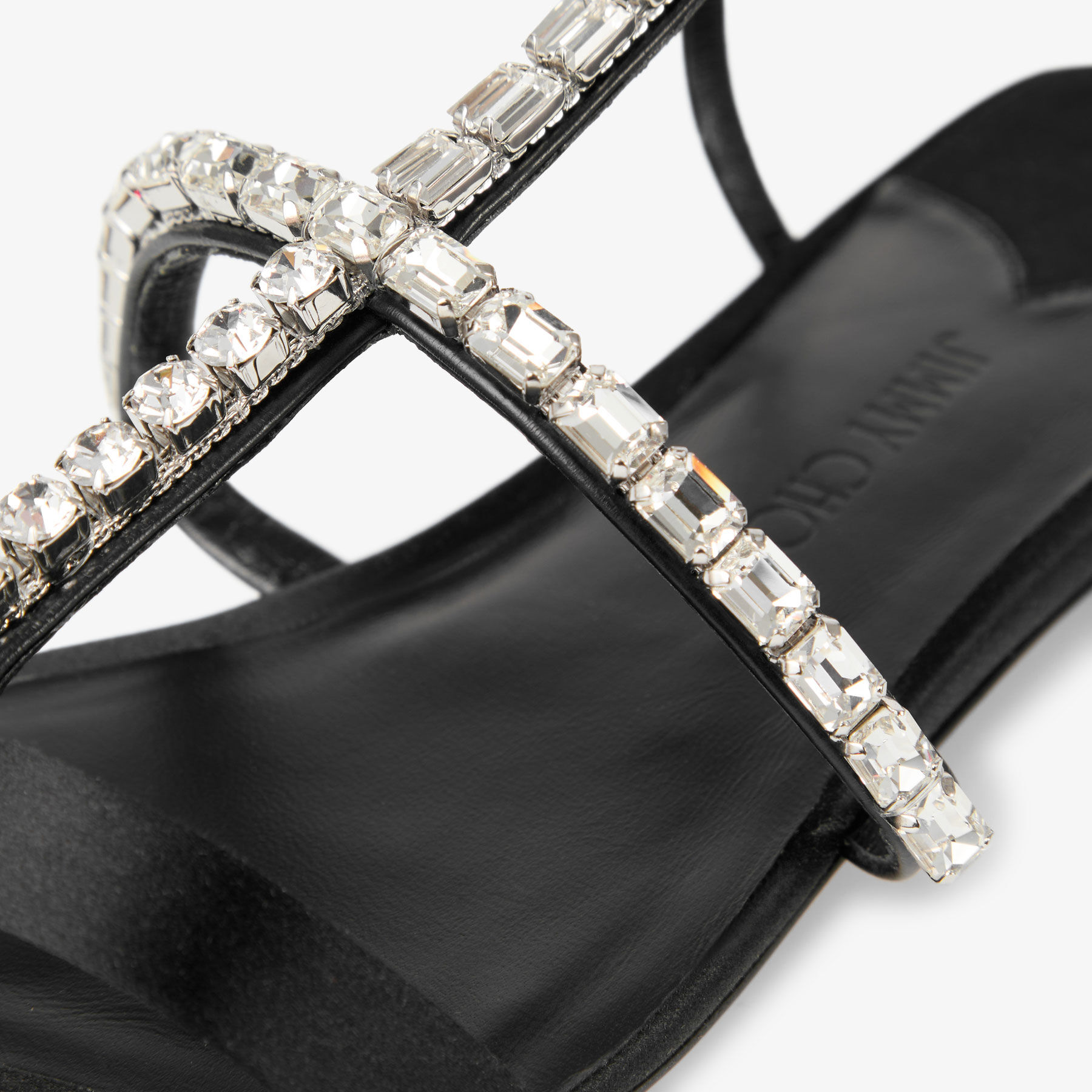 Gwyn Flat | Black Satin Sandal with Crystal Embellishments