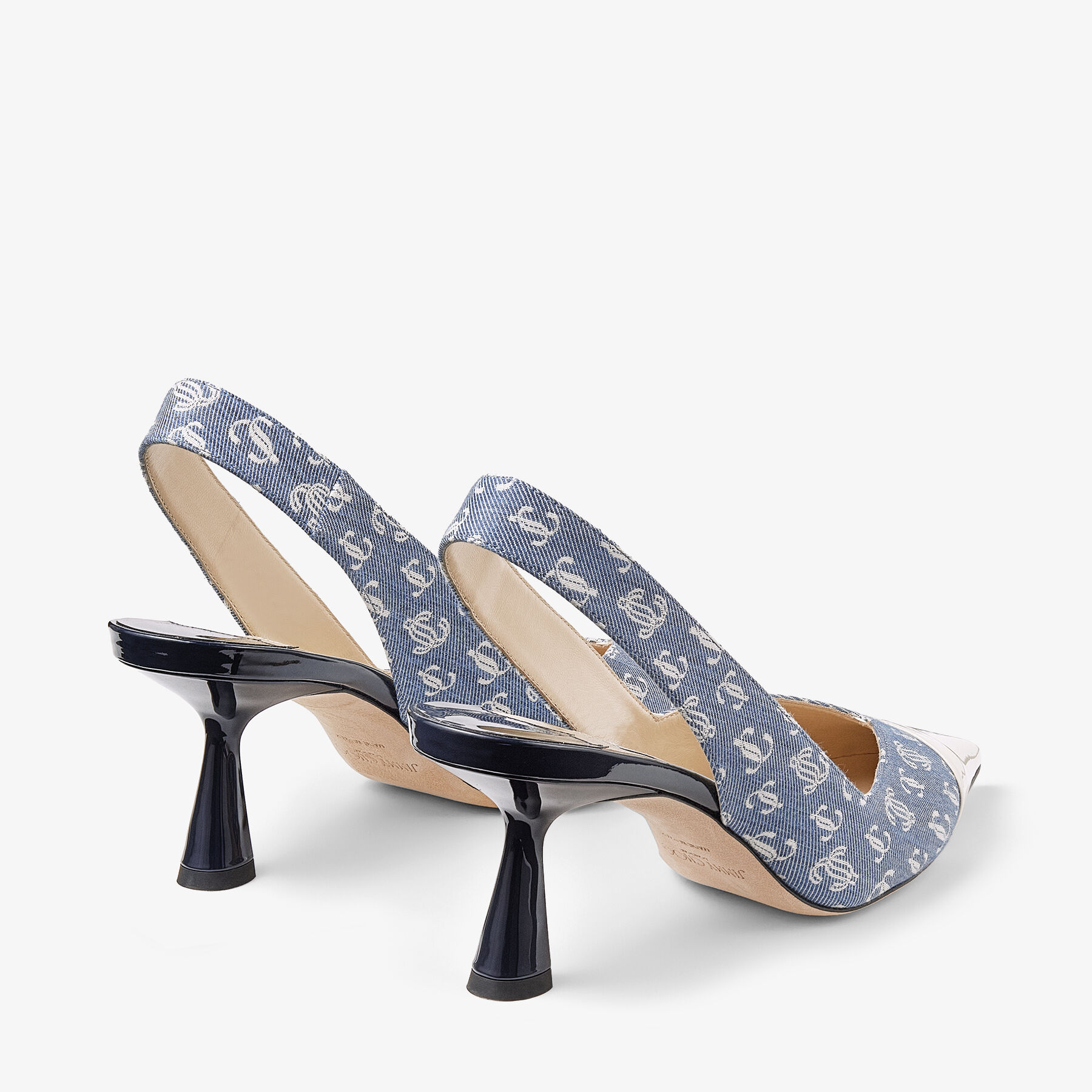LIYA 65 | Denim JC Monogram and Latte Patent Slingback Pumps | Spring 2023  collection | JIMMY CHOO AU