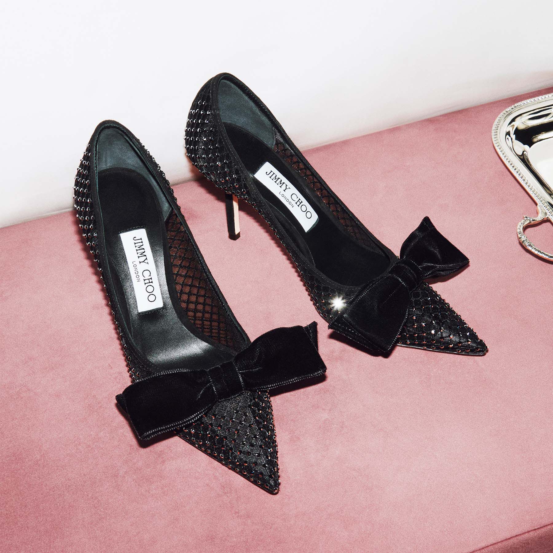 LOVE 85 | Black Crystal Mesh Pumps with Velvet Bow | Winter 2022 collection  | JIMMY CHOO