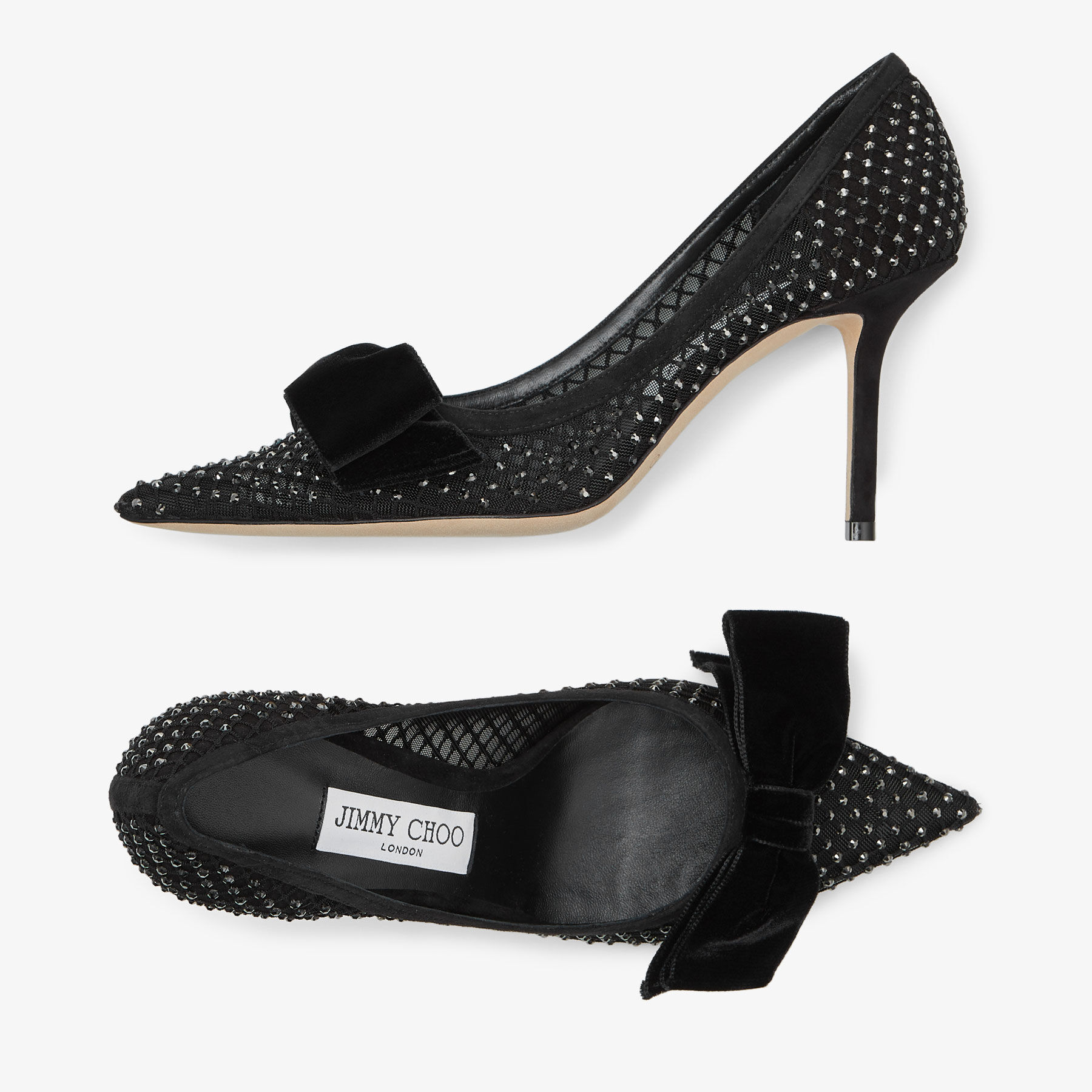 LOVE 85 | Black Crystal Mesh Pumps with Velvet Bow | Winter 2022 collection  | JIMMY CHOO