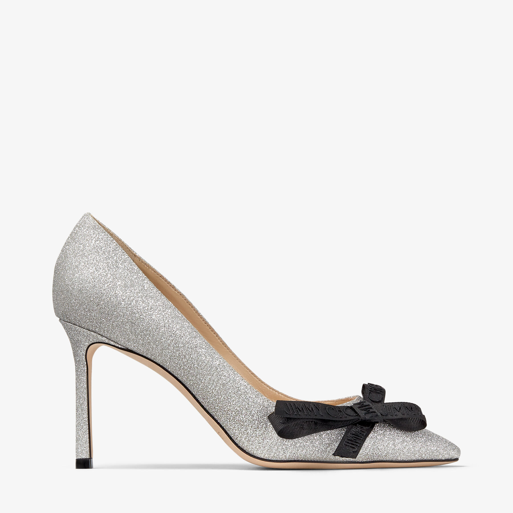 ROMY 85 | Silver Fine Glitter Pumps with Jimmy Choo Bow