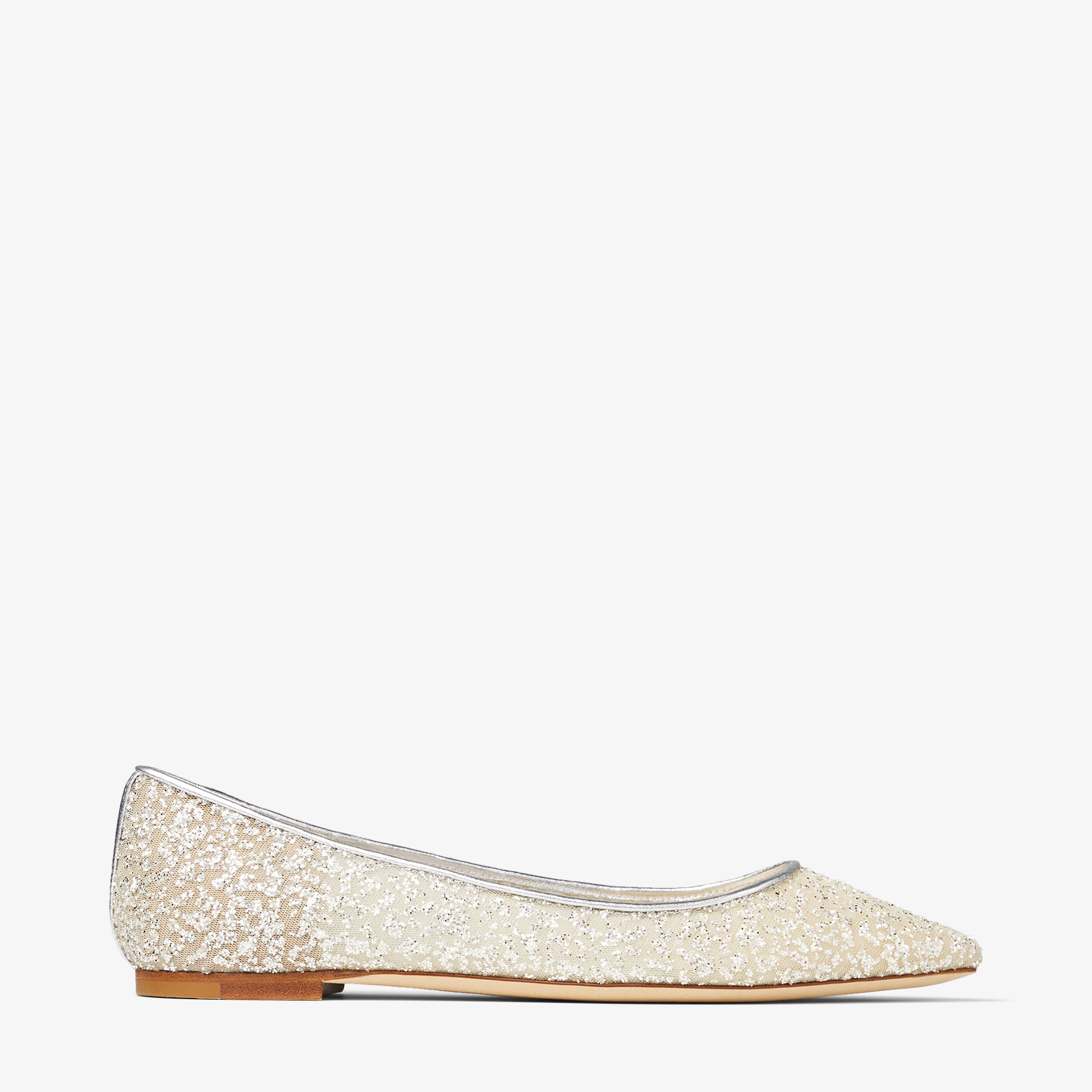 Silver Metallic Nappa Pointed-Toe Flats with Glitter Tulle