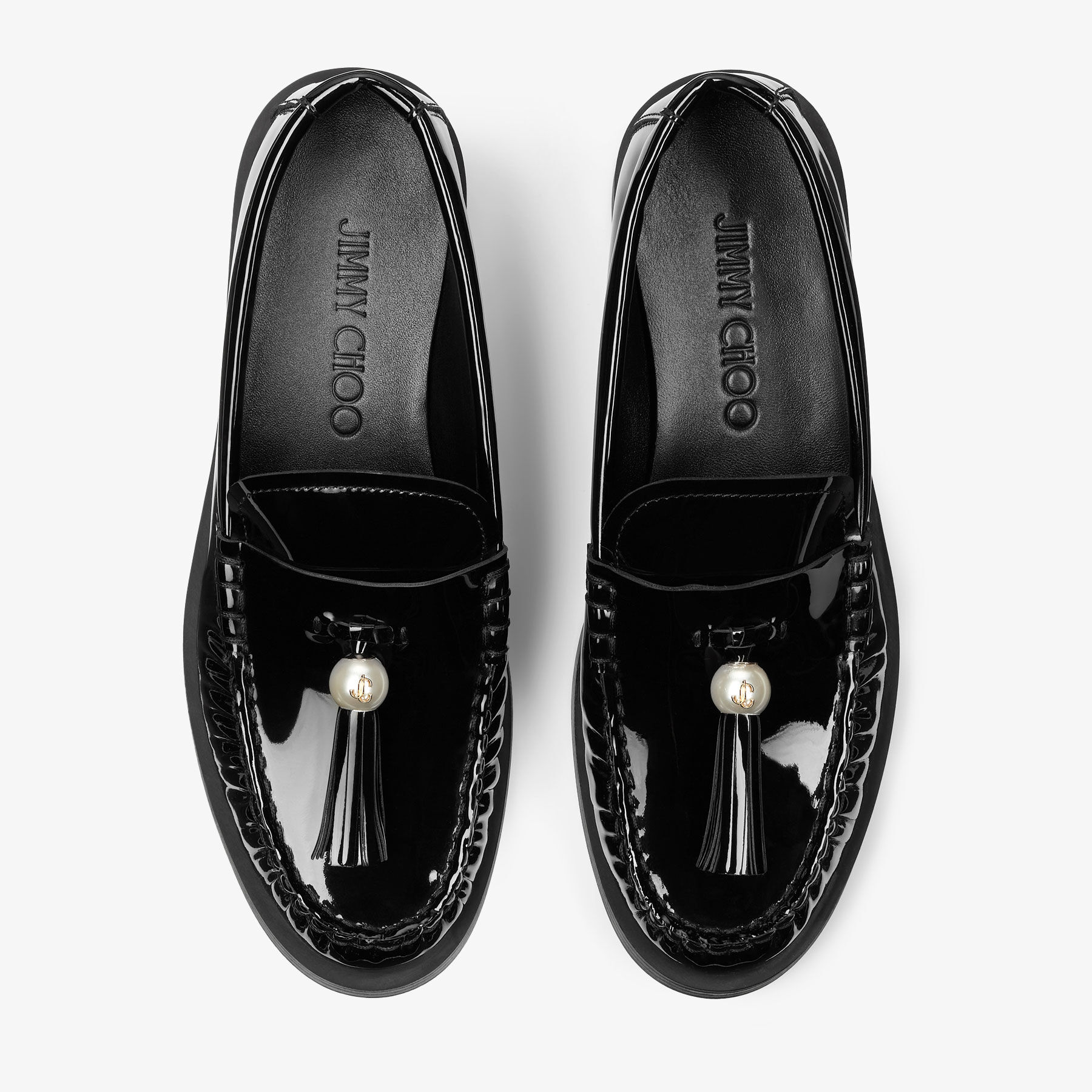 Addie/Pearl | Black Patent Leather Flat Loafers with Pearl Tassel