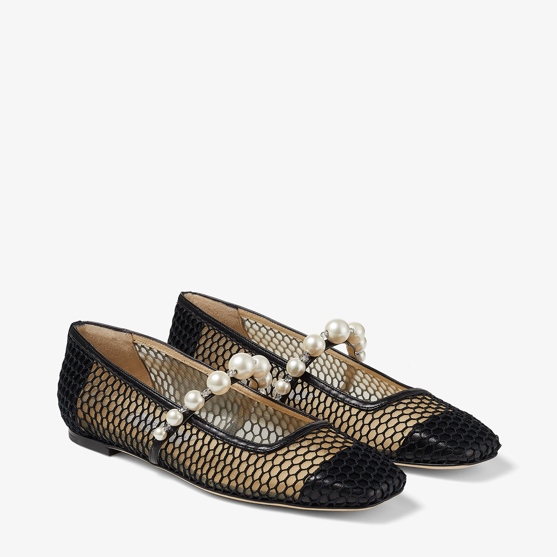 Black Fishnet Mesh and Nappa Flats with Pearl-Embellished Strap 