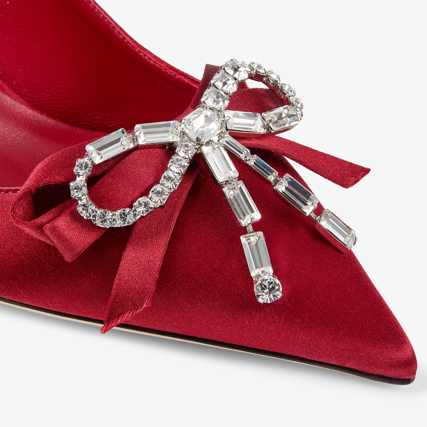 Auria 70 | Ruby Red Satin Pumps with Satin and Crystal Bow | JIMMY CHOO