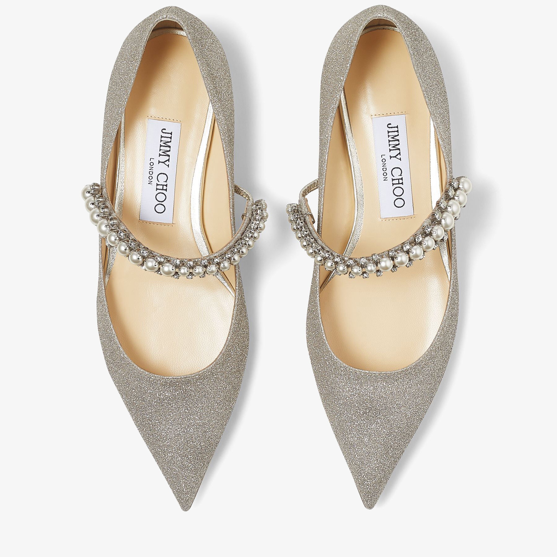 Platinum Ice Dusty Glitter Flats with Crystal and Pearl Strap | BAILY ...