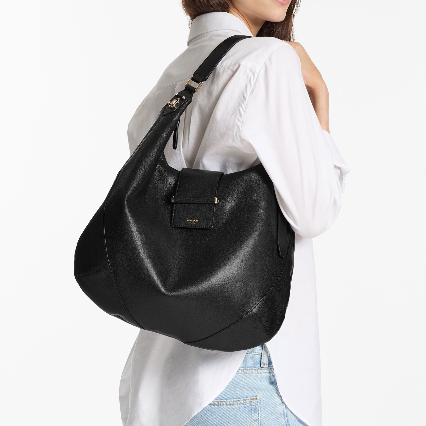 Bar Hobo M | Black Biker Leather Shoulder Bag | JIMMY CHOO