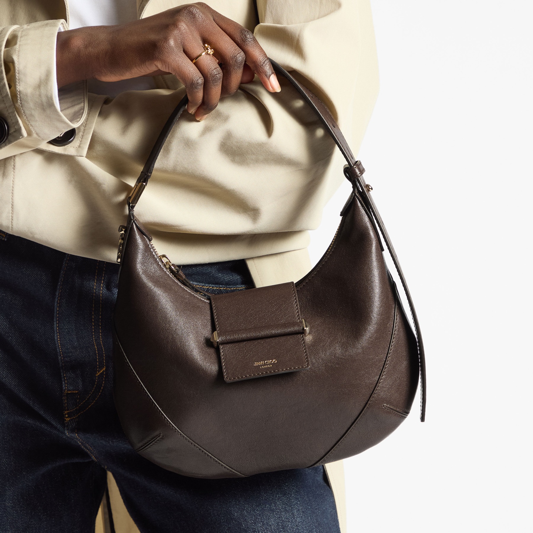 Bar Hobo S | Chocolate Biker Leather Shoulder Bag | JIMMY CHOO