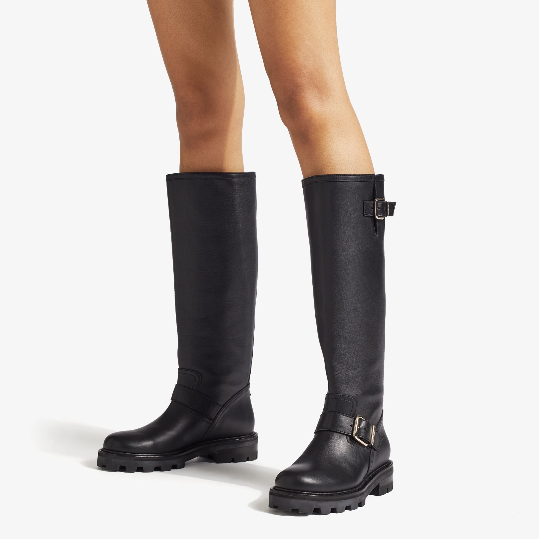Black Smooth Leather Knee-High Biker