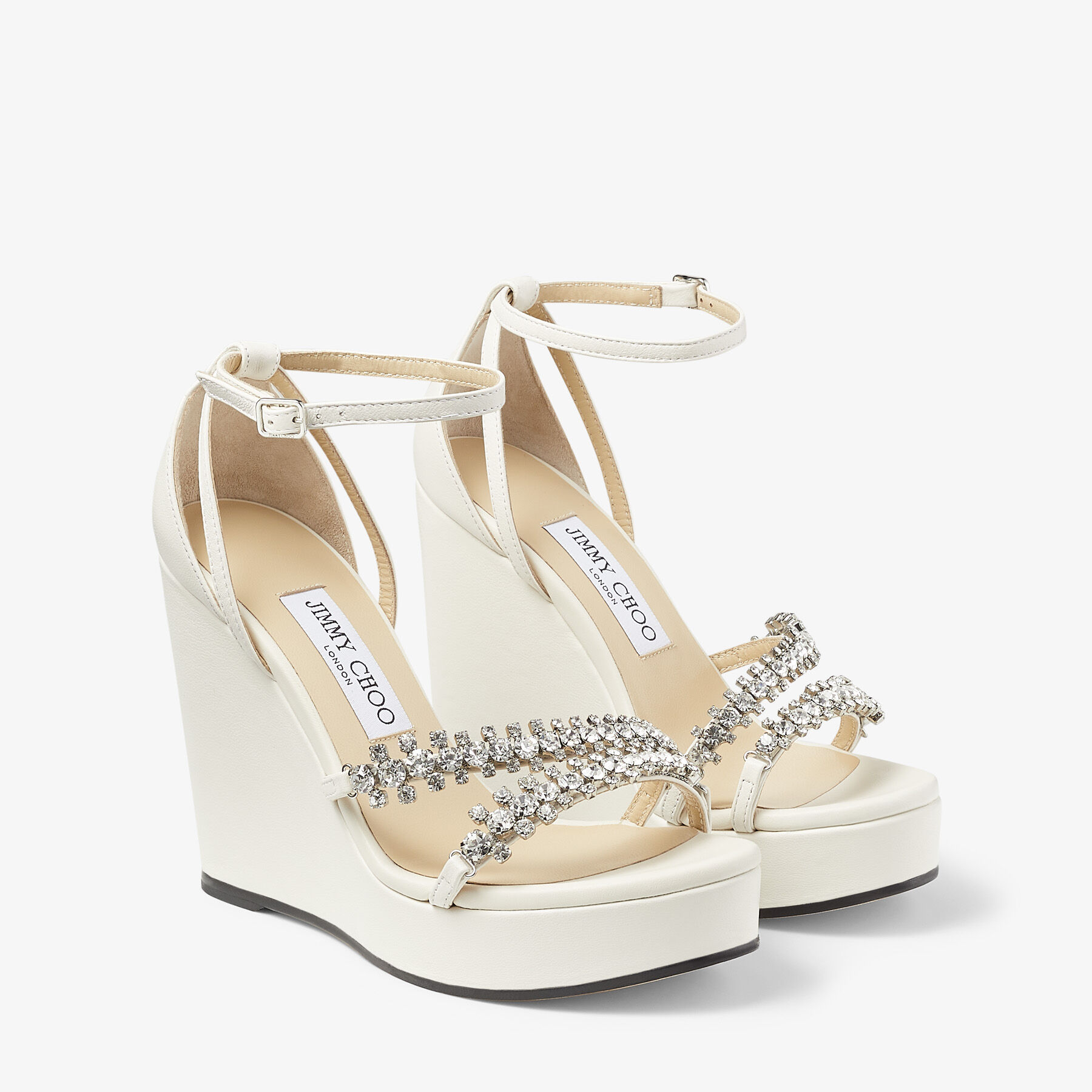 Latte Nappa Leather Wedges with Crystal Straps | BING WEDGE 120 ...