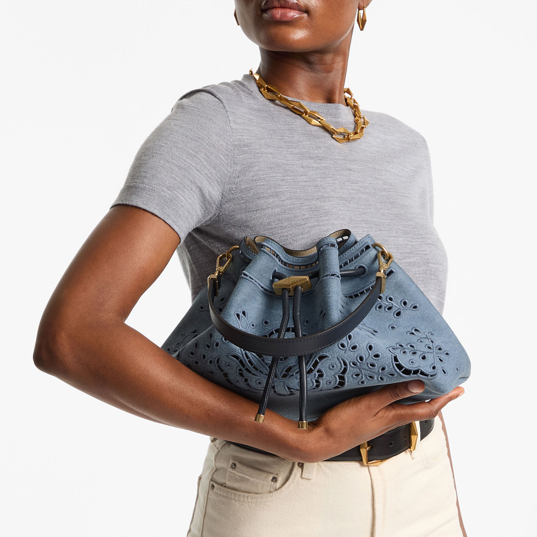 Cinch M | Denim Shoulder Bag With Sangallo Embroidery | JIMMY CHOO