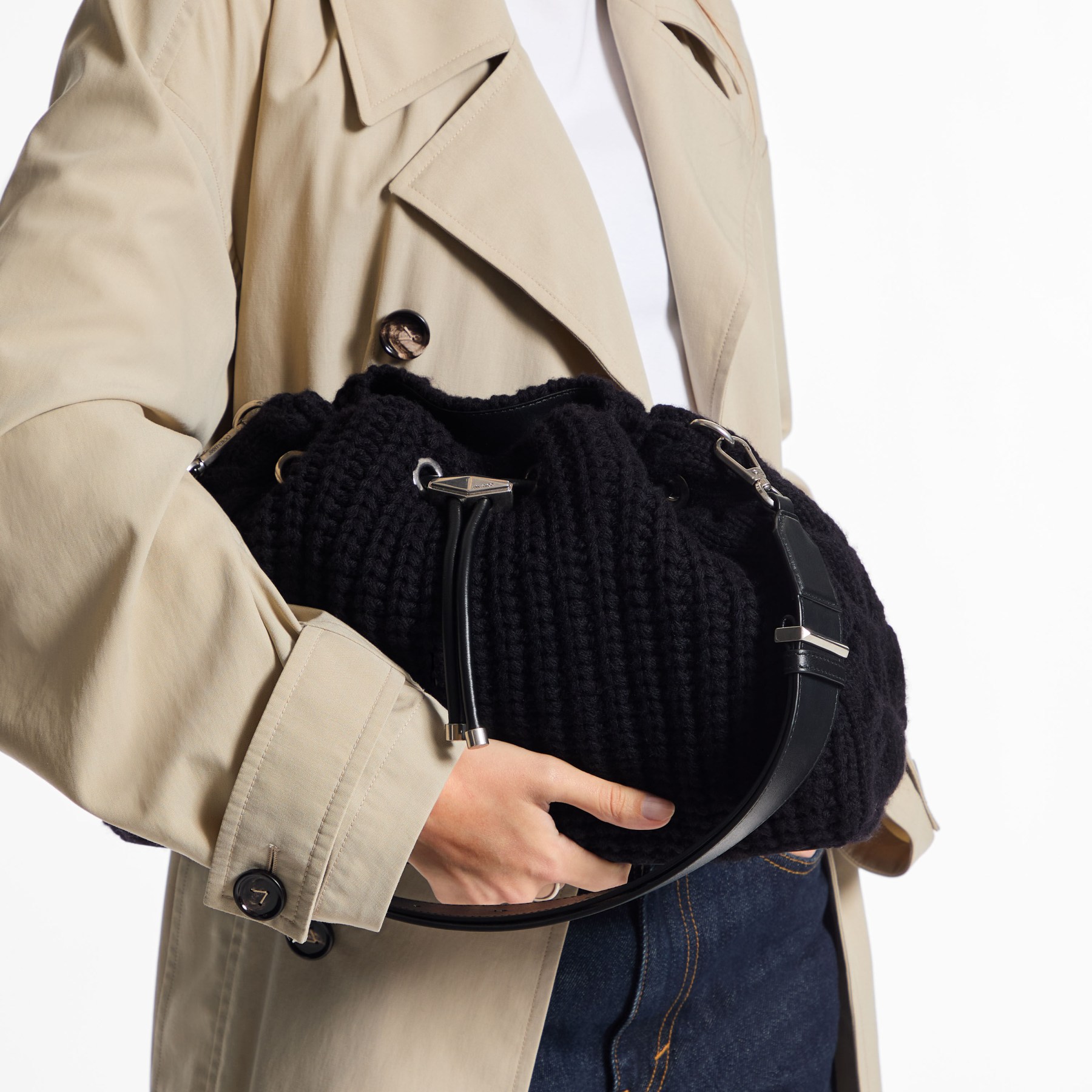 Cinch M | Black Knitted Wool Bucket Bag | JIMMY CHOO