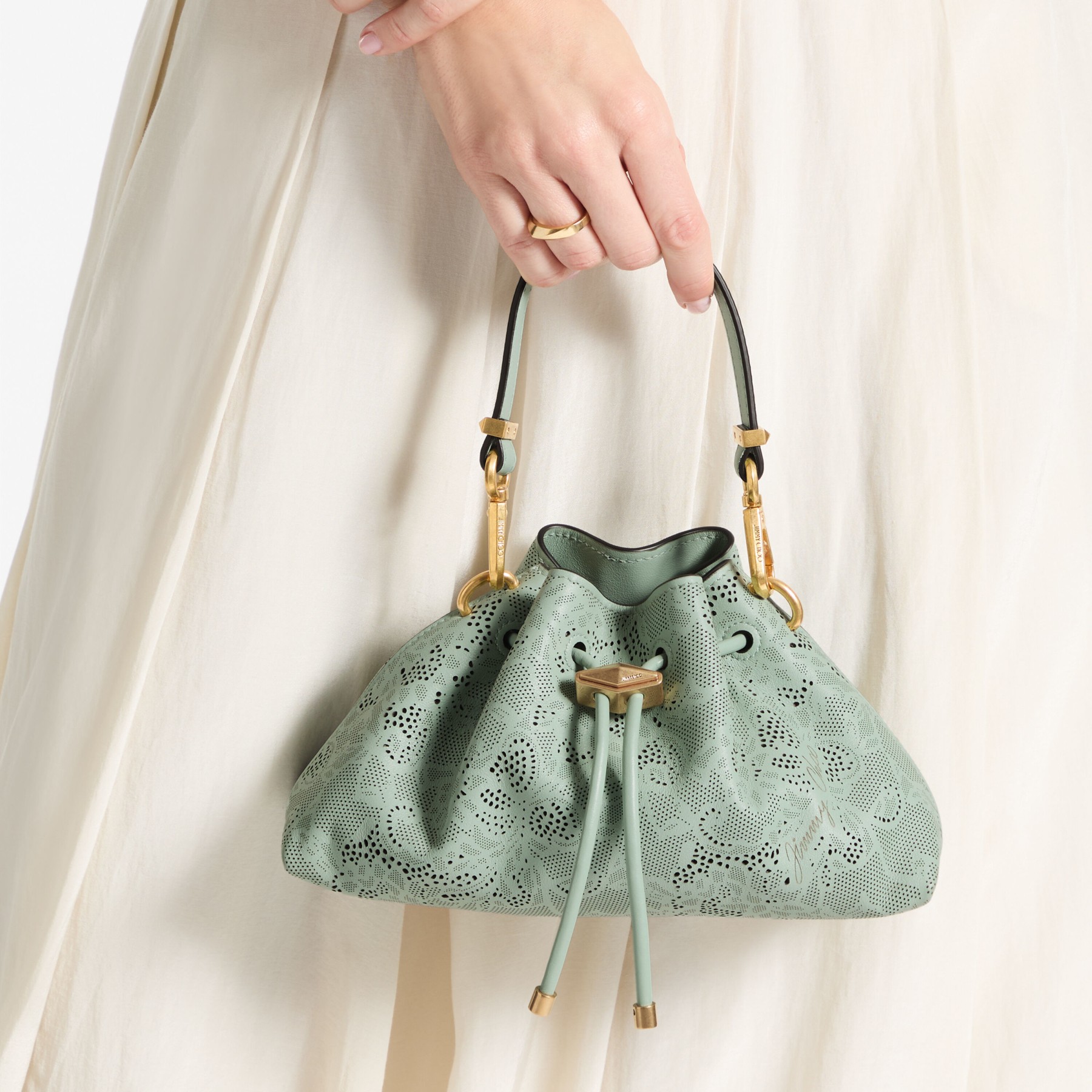 Cinch Small | Verde Jimmy Choo Perforated Leather Lace Bucket Bag