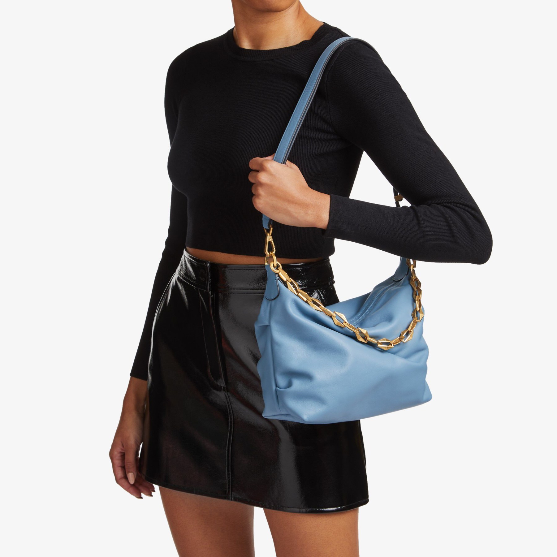 DIAMOND SOFT HOBO/S | Smoky Blue Soft Calf Leather Hobo Bag with 