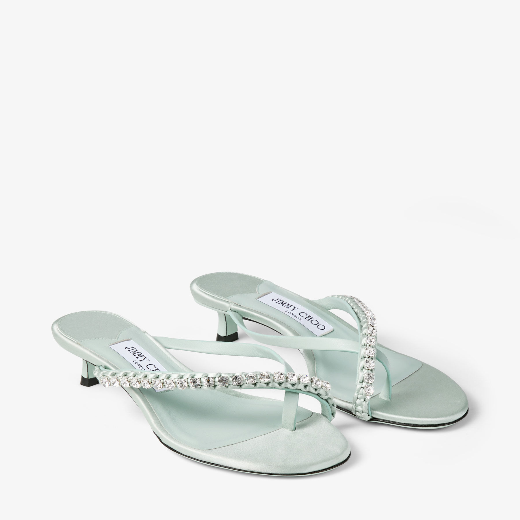 Dila 35 |Light Verde Leather Mule Sandal with Woven Satin Crystals