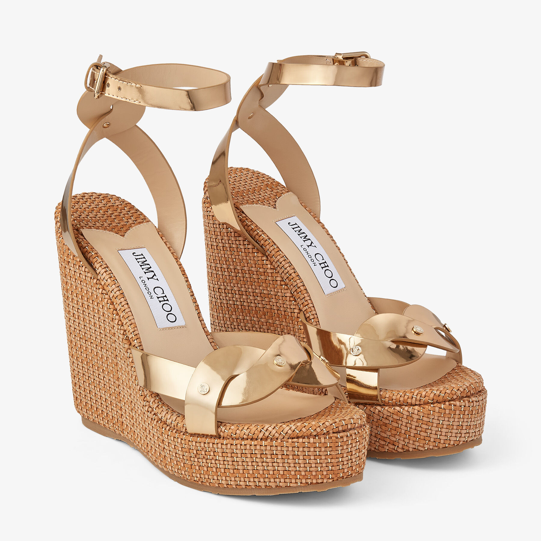 Gold Liquid Metal Leather and Natural Woven Wedge Sandals | DRYA WEDGE ...