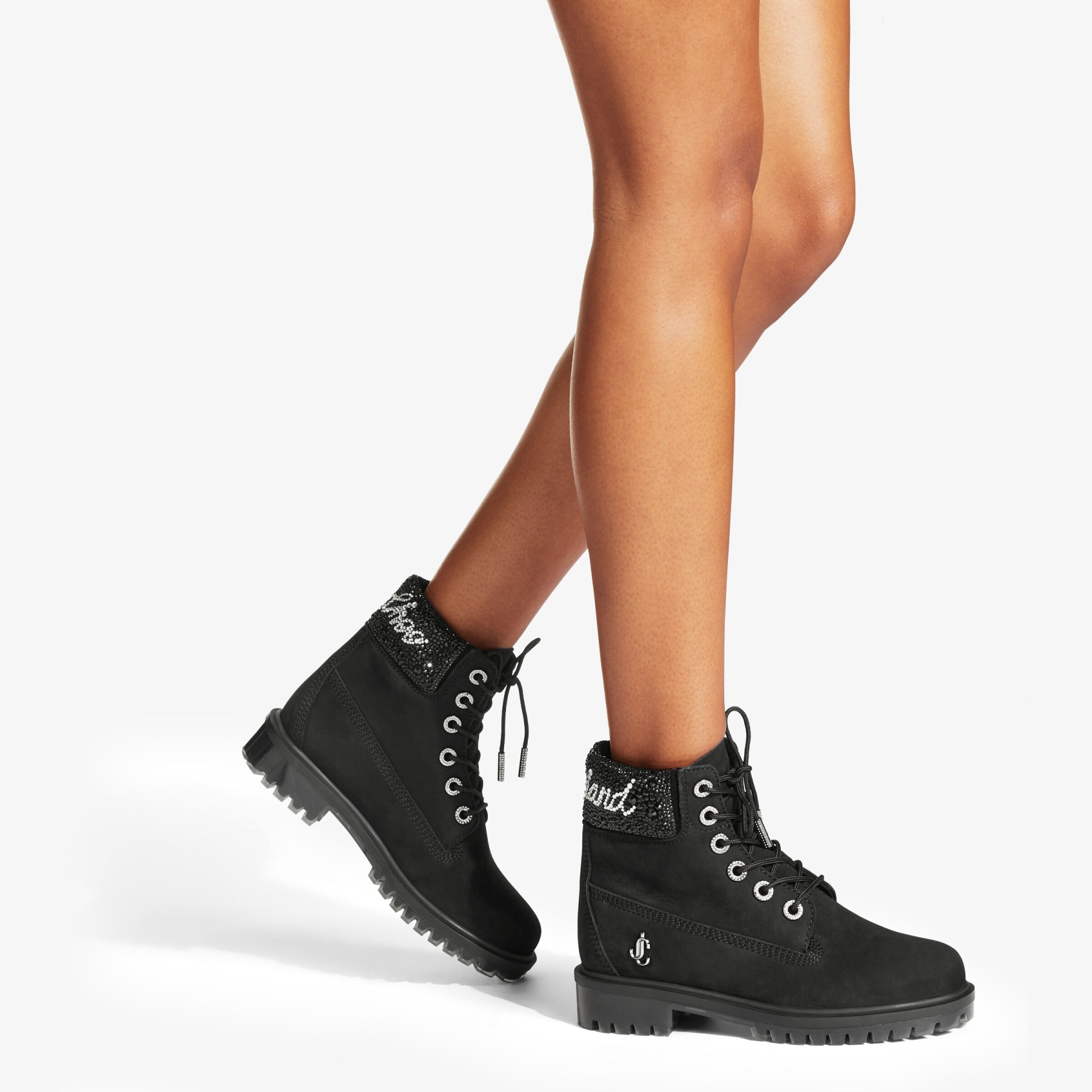 Black Timberland Nubuck Ankle Boots with Crystal Logo JIMMY CHOO X TIMBERLAND 6 INCH CRYSTAL CUFF BOOT | JIMMY CHOO US x Timberland Collection | JIMMY CHOO US