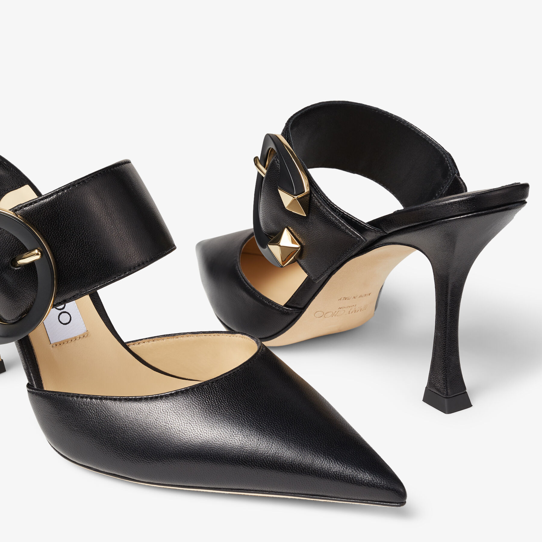 MAGIE 90 | Black Nappa Leather Pointed-Toe Mules with C-Buckle | Spring