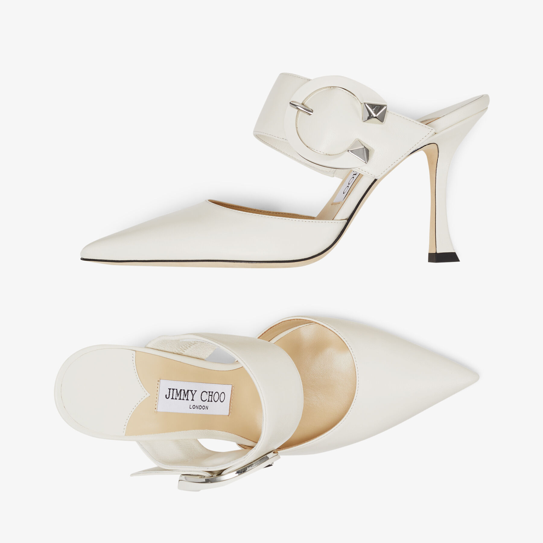 MAGIE 90 | Latte Nappa Leather Pointed-Toe Mules with C-Buckle | Spring ...