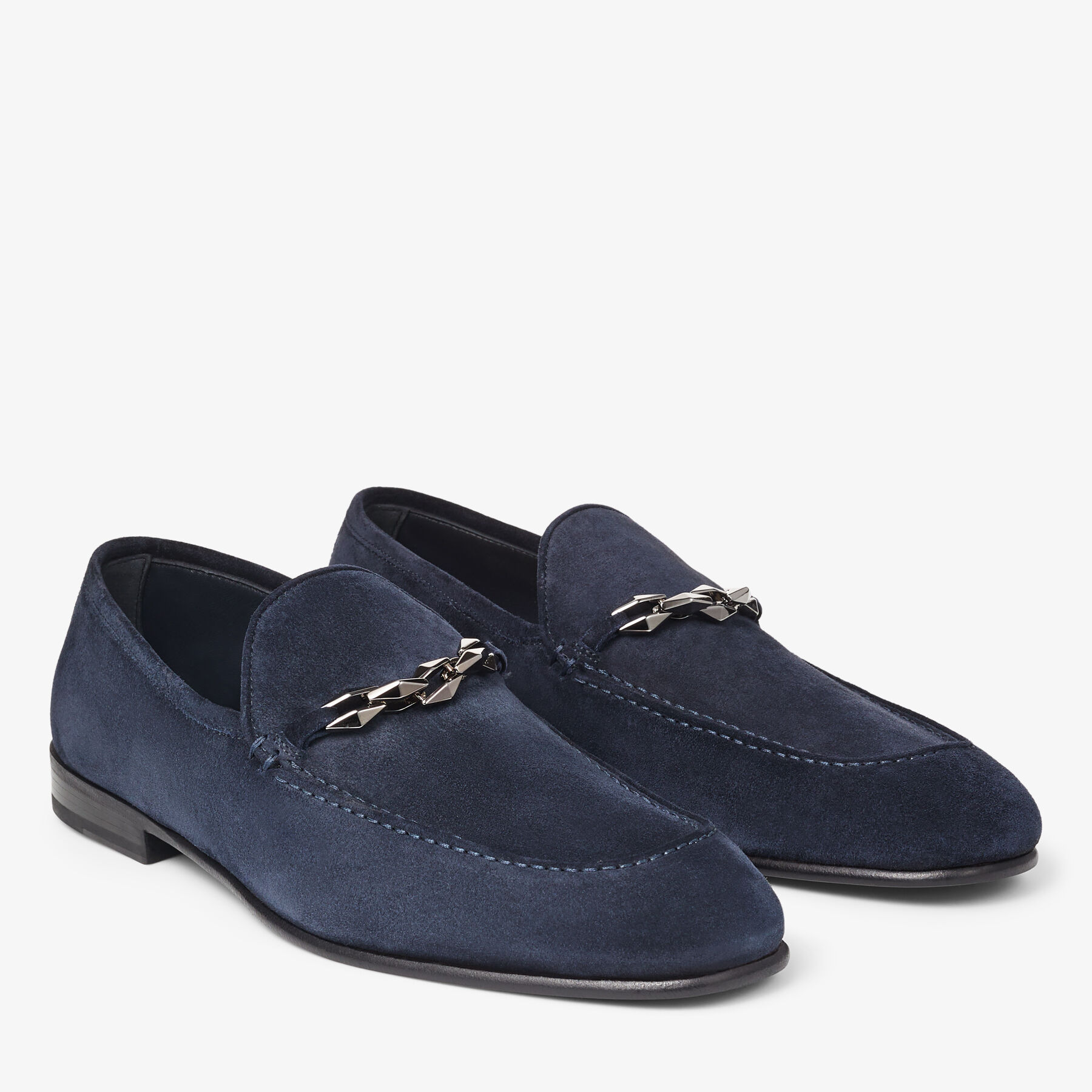 MARTI REVERSE | Navy Velvet Suede Loafers with Chain Embellishment ...