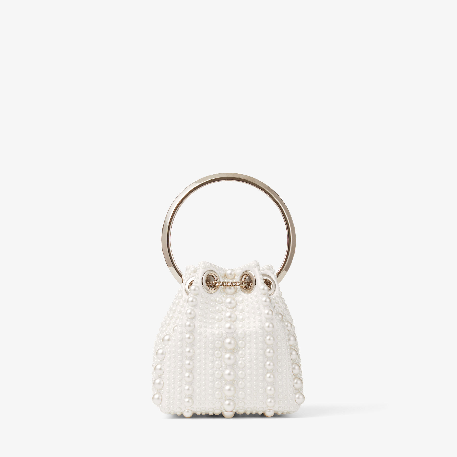 Micro Bon Bon | Ivory Satin Mini Bag with All-Over Pearls | JIMMY CHOO