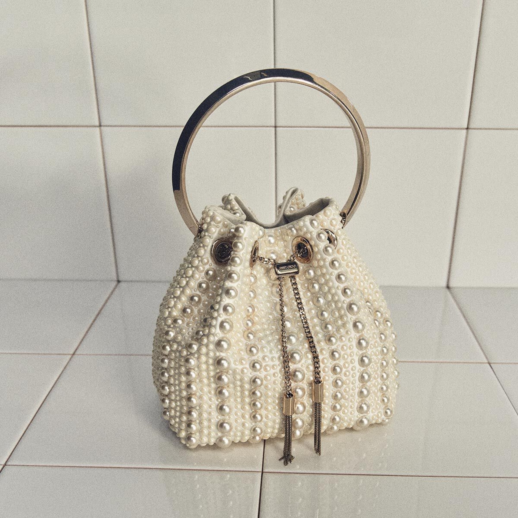 Micro Bon Bon | Ivory Satin Mini Bag with All-Over Pearls | JIMMY CHOO
