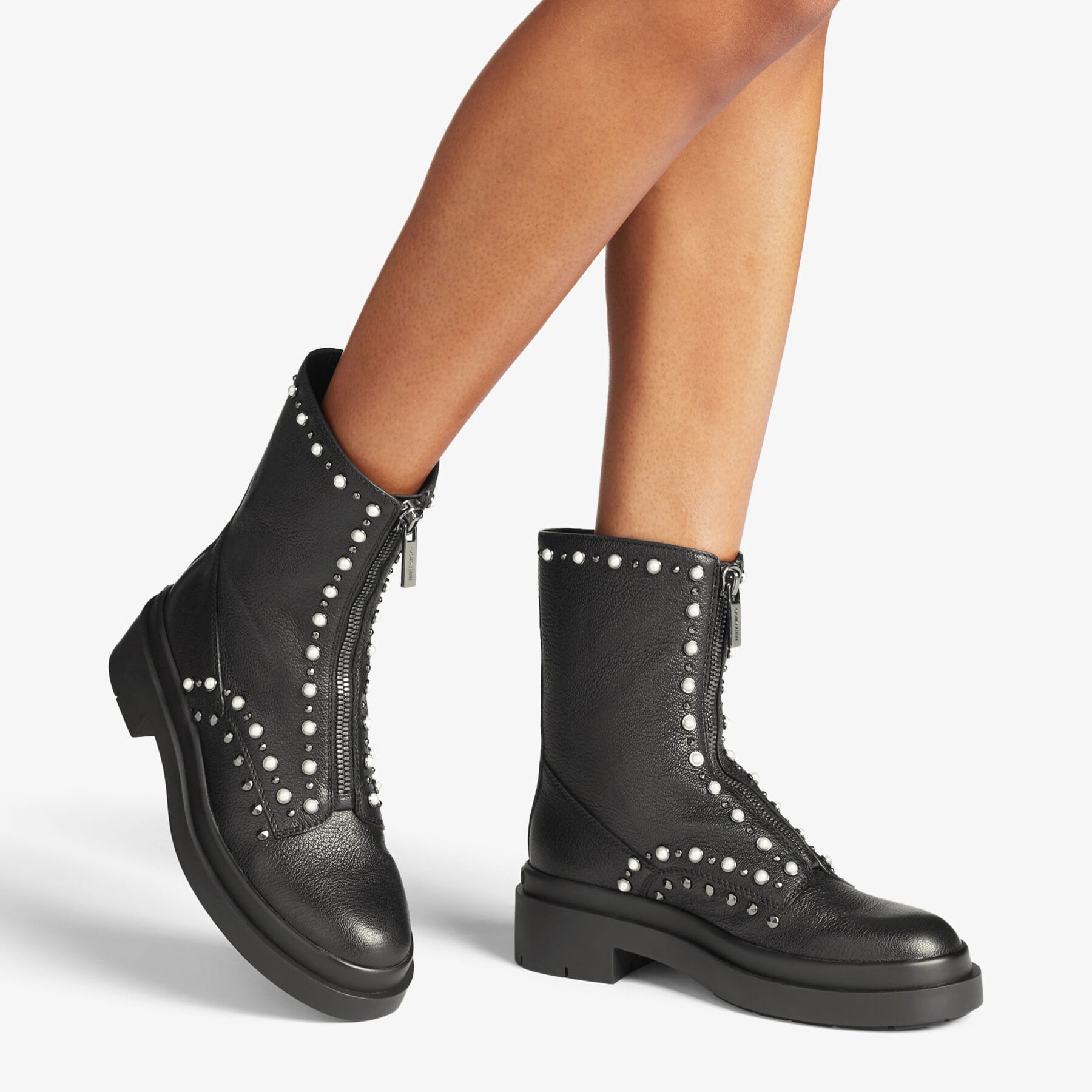 NOLA FLAT | Black Leather Boots with Pearls and Studs | Autumn