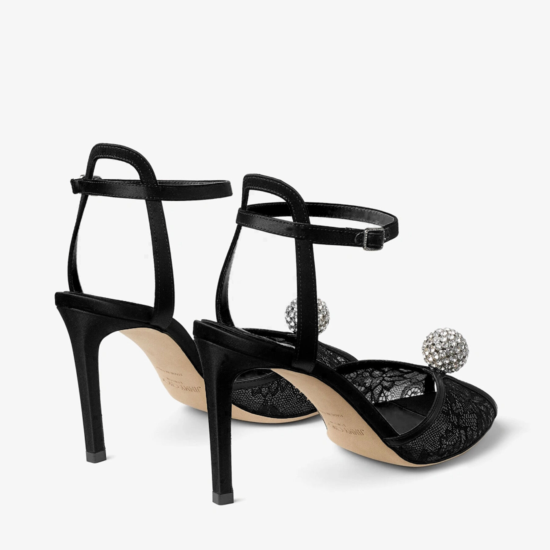 Sacora 85 | Black Lace Sandals with Crystal-Embellished Sphere
