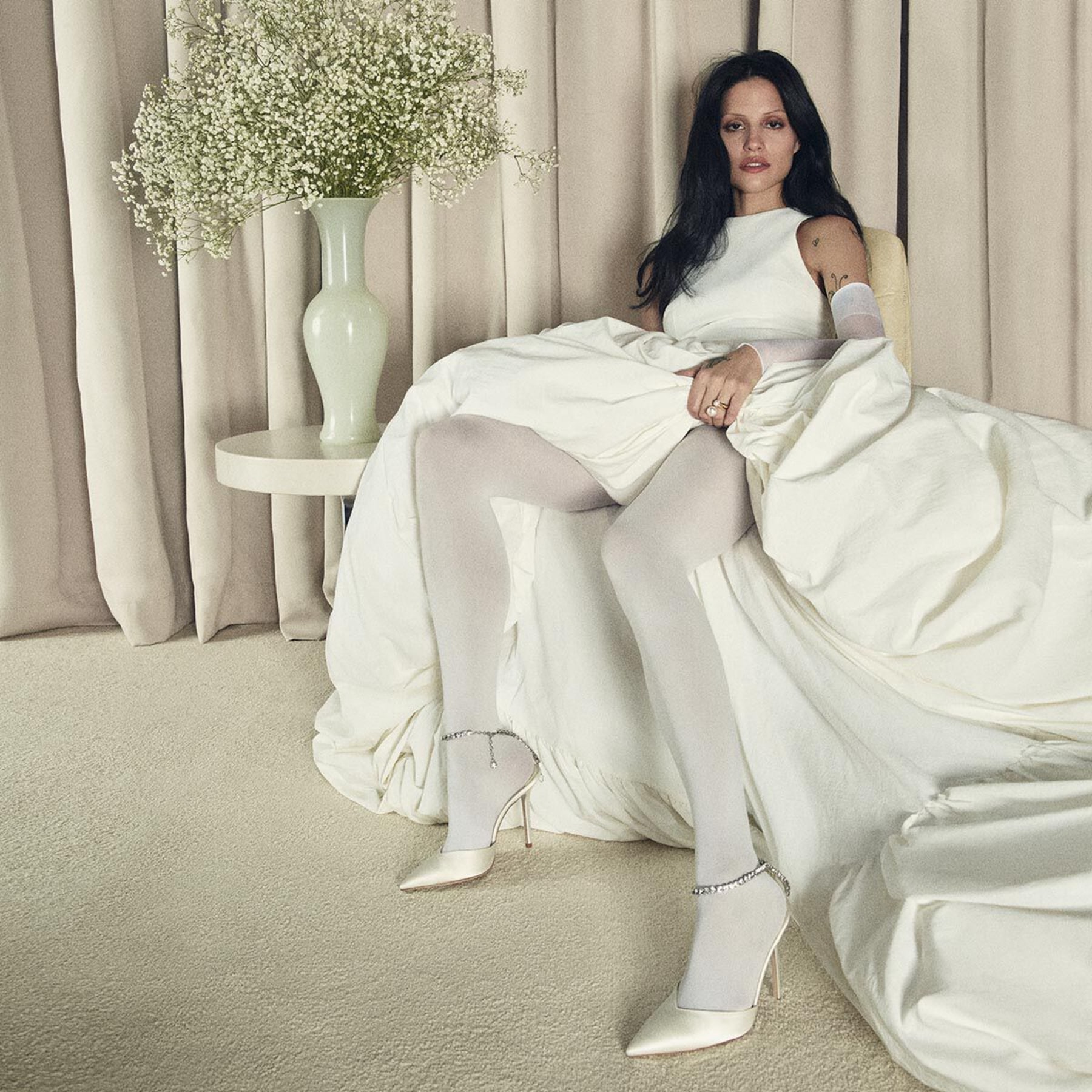 Sakura　JimmyChoo Saeda 100 | Ivory Satin Pumps with Crystal Embellishment | JIMMY CHOO
