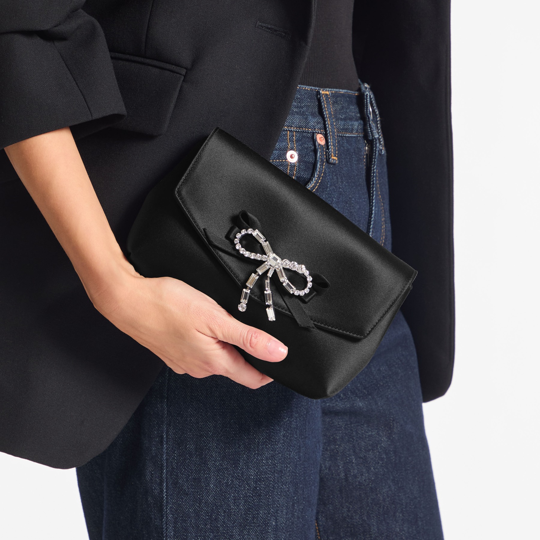 Soft Bow Mini Bag | Black Satin Mini Bag with Crystal Bow | JIMMY CHOO