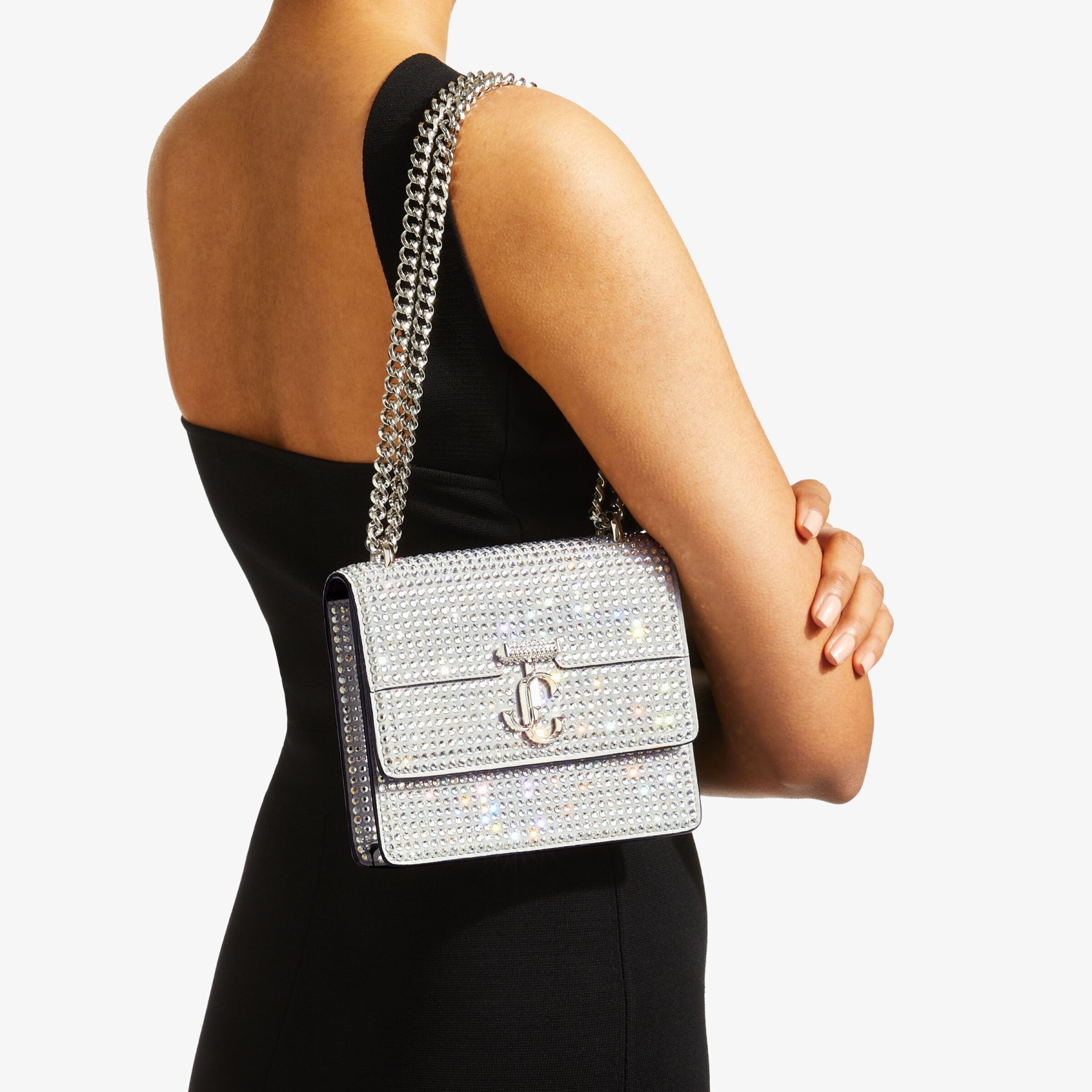 Silver Suede Shoulder Bag with Crystal Embellishment | VARENNE 