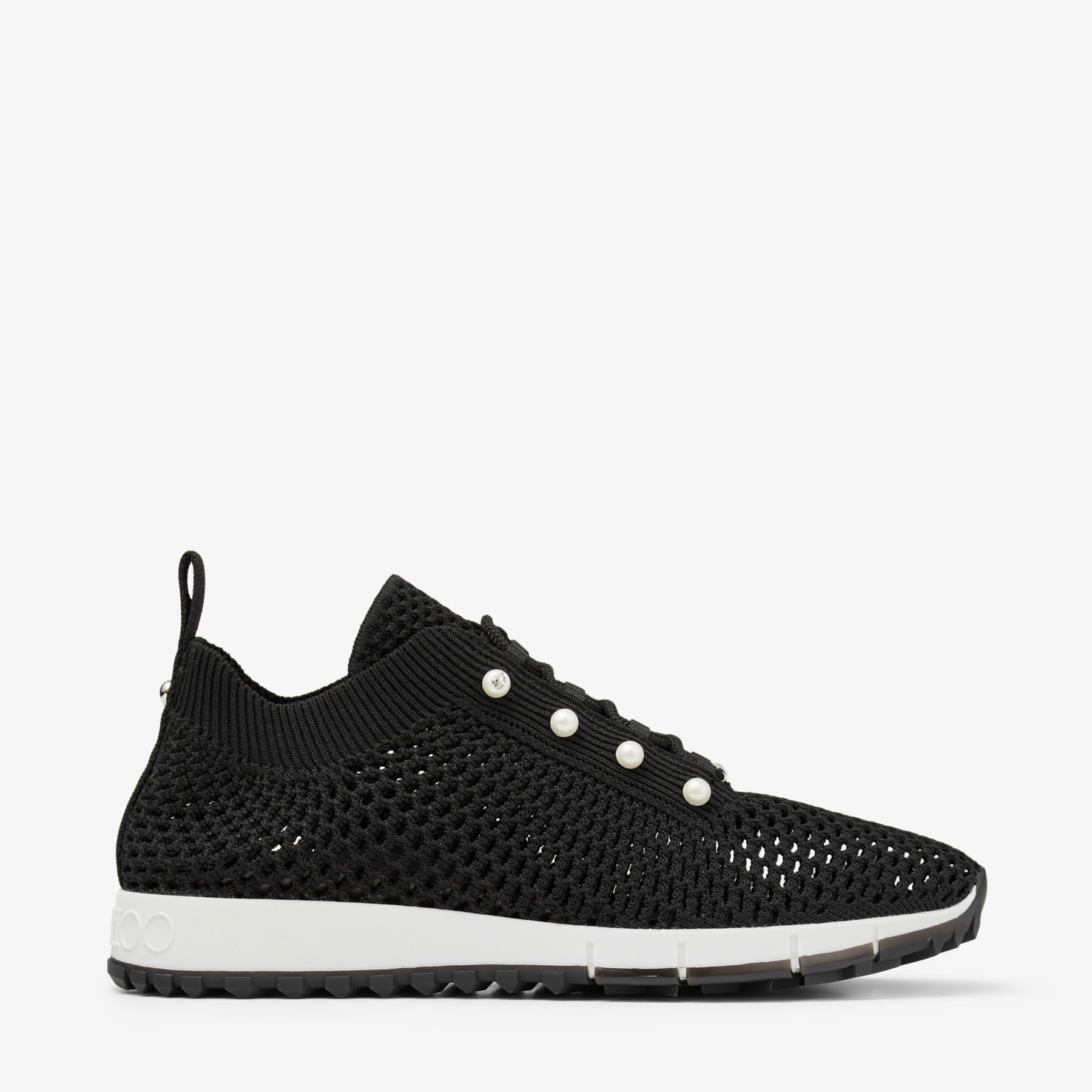 Veles | Black Crochet Knit Low-Top Trainers with Pearls | JIMMY CHOO