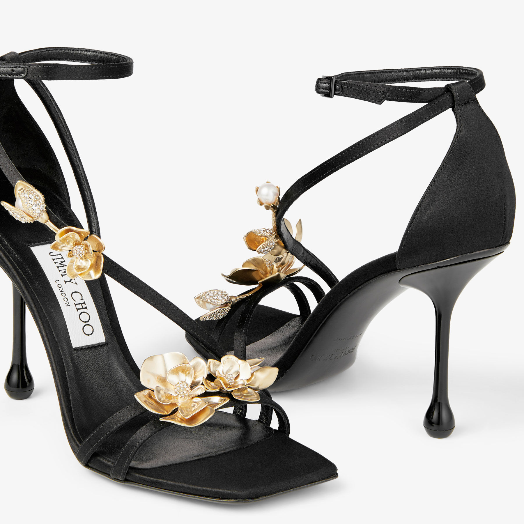 ZEA 95 | Black Satin Sandals with Metal Flowers | New Collection