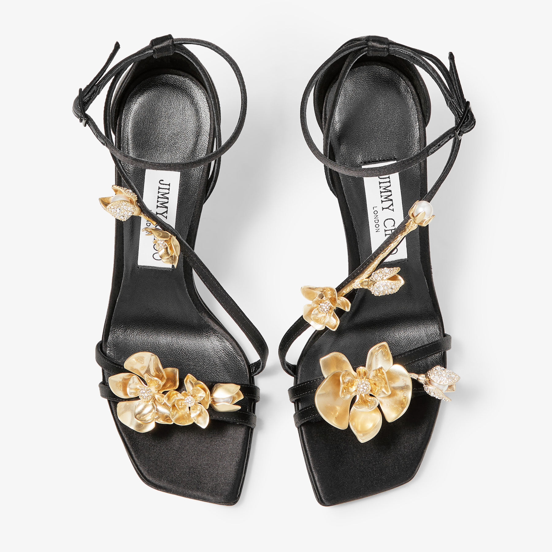 ZEA 95 | Black Satin Sandals with Metal Flowers | New Collection