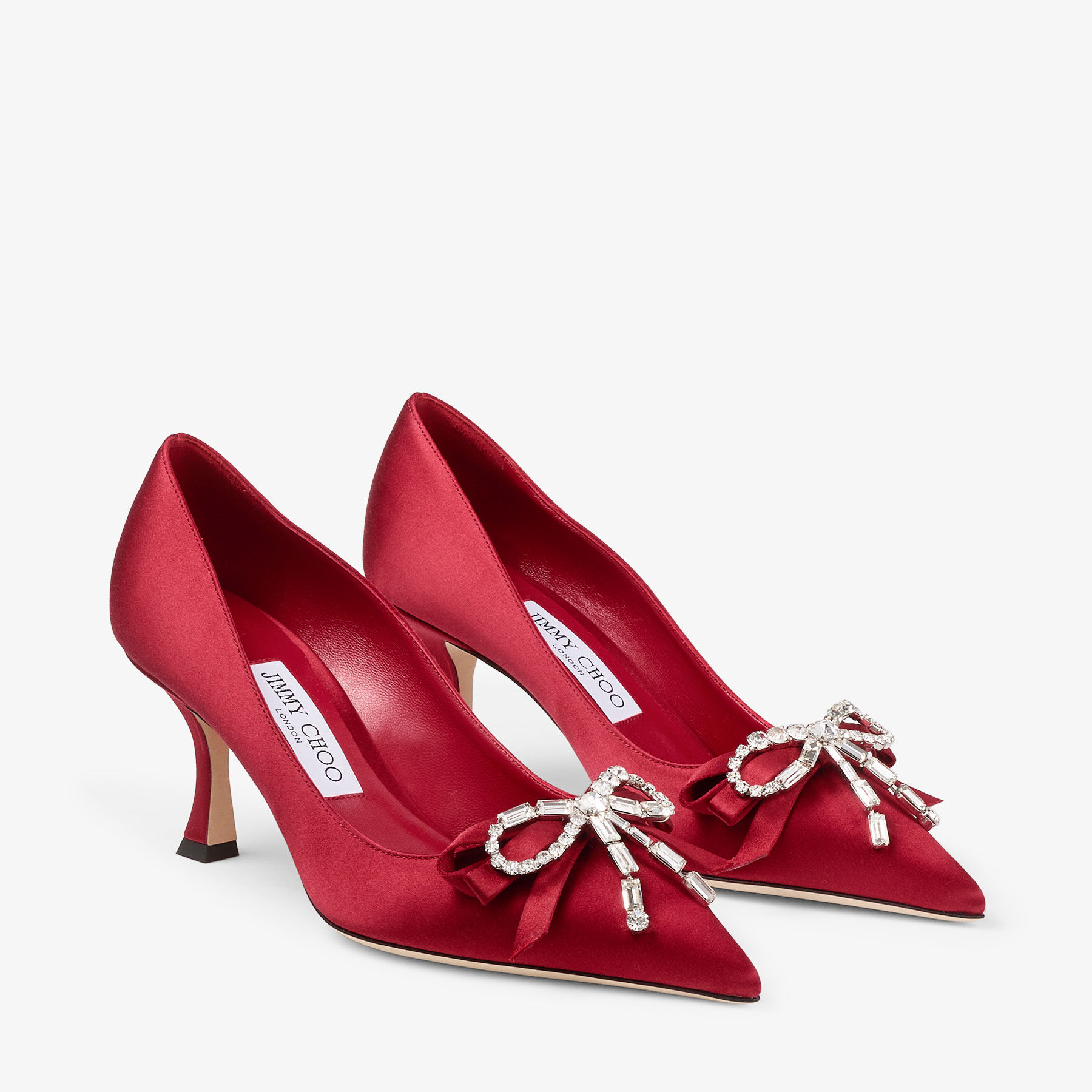 Auria 70 | Ruby Red Satin Pumps with Satin and Crystal Bow | JIMMY