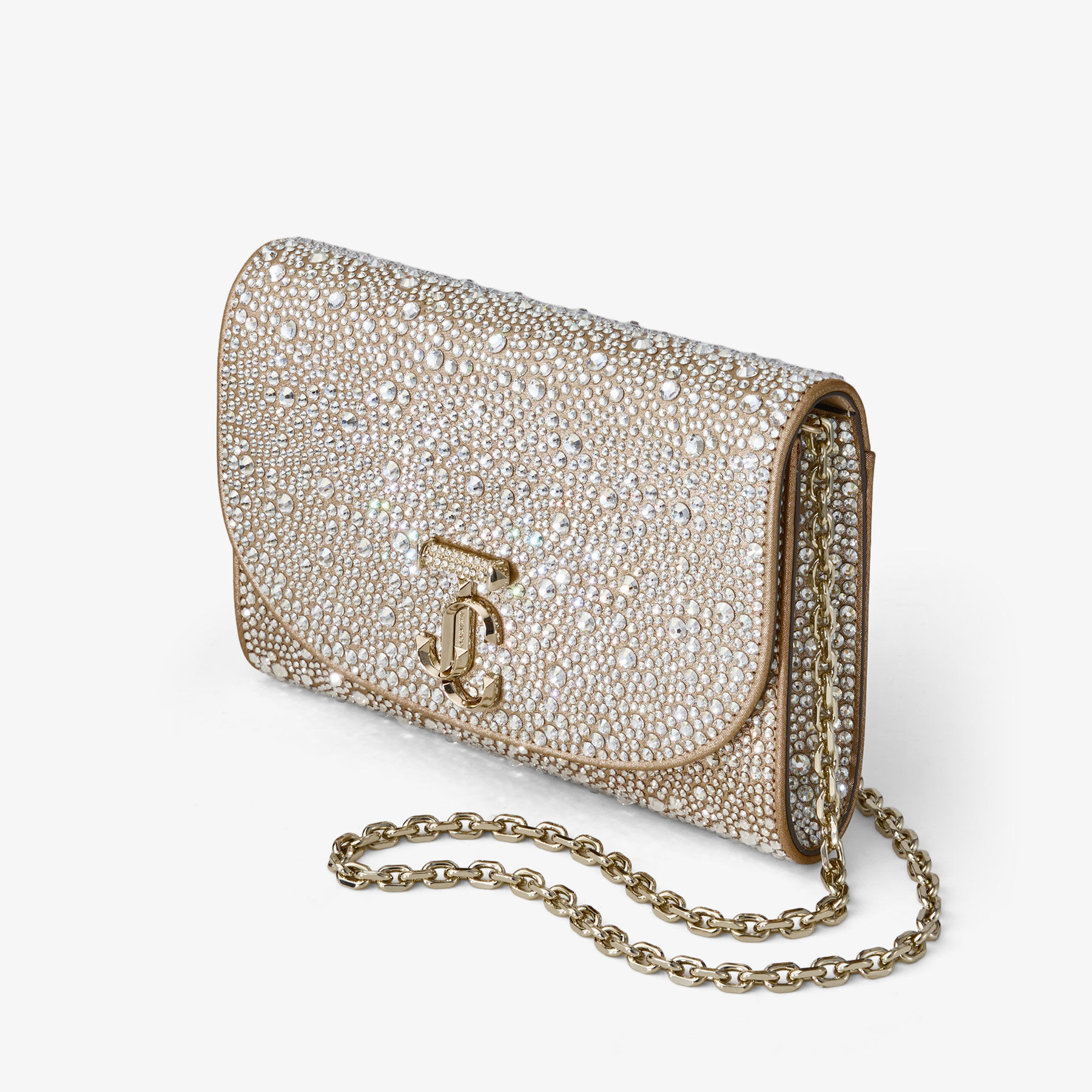 Curve Clutch | Gold Shimmer Suede Clutch Bag with Hotfix Crystals