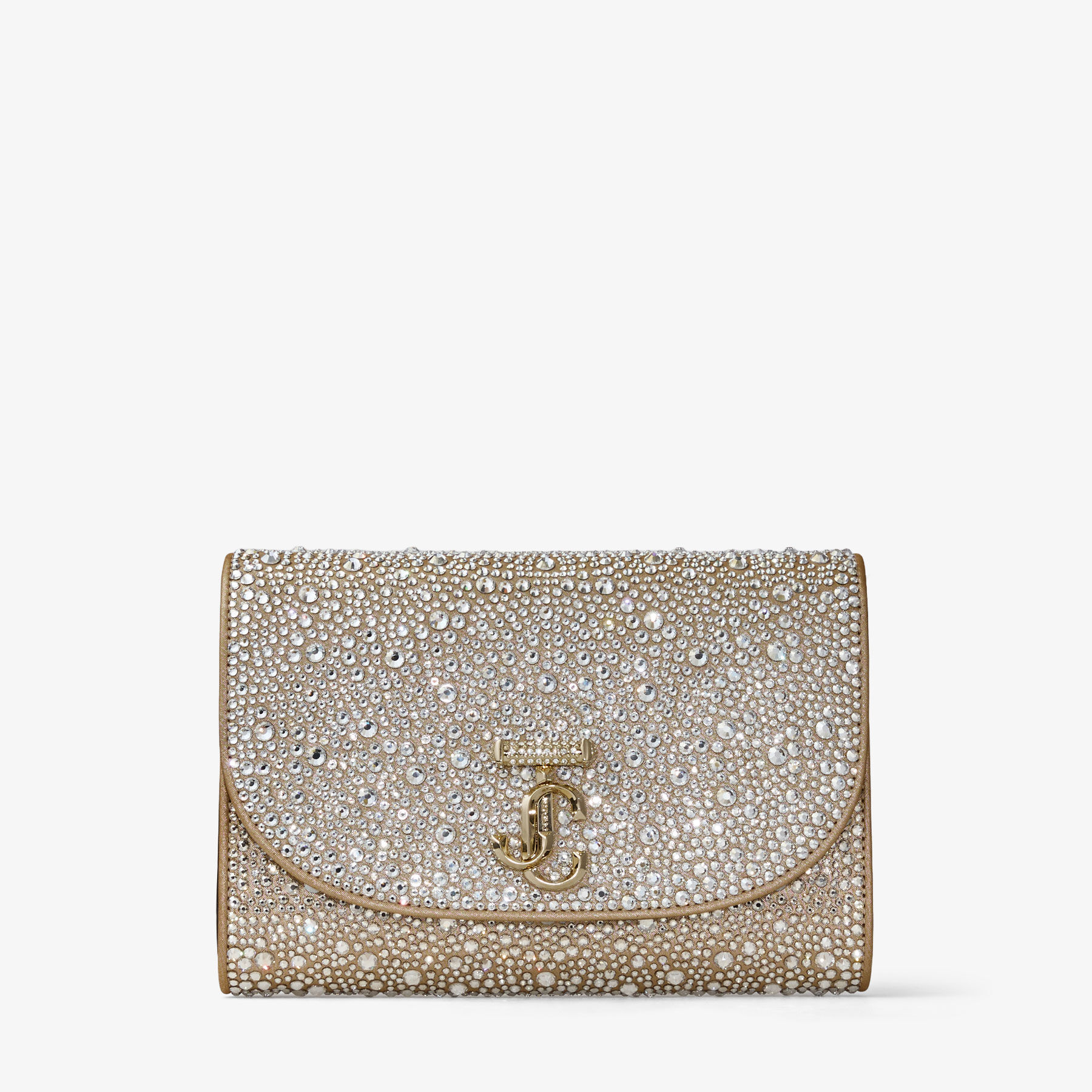 Curve Clutch | Gold Shimmer Suede Clutch Bag with Hotfix Crystals