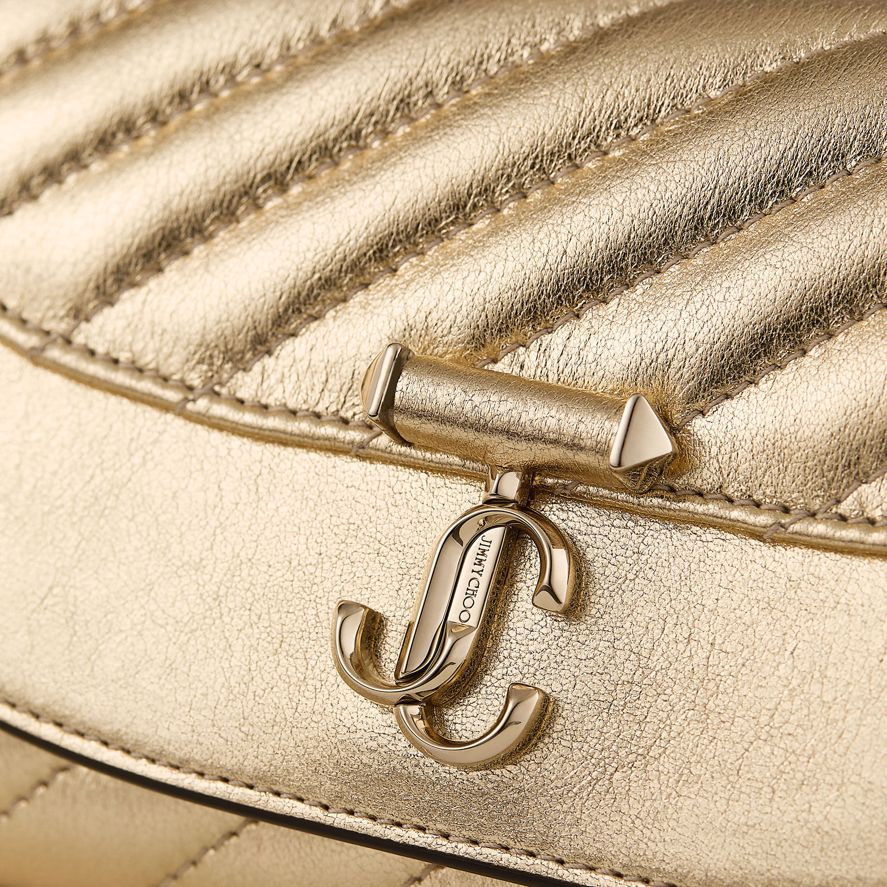 Curve Wallet With Chain | Shiny Gold Quilted Metallic Leather