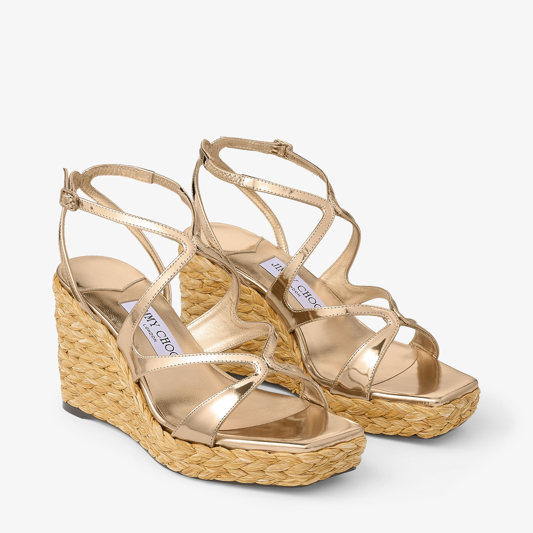 【Jimmy Choo】Ayla 85 レザー スクエアトゥ ウェッジ サンダル Ayla 85|Gold Metallic Leather Wedge| JIMMY CHOO