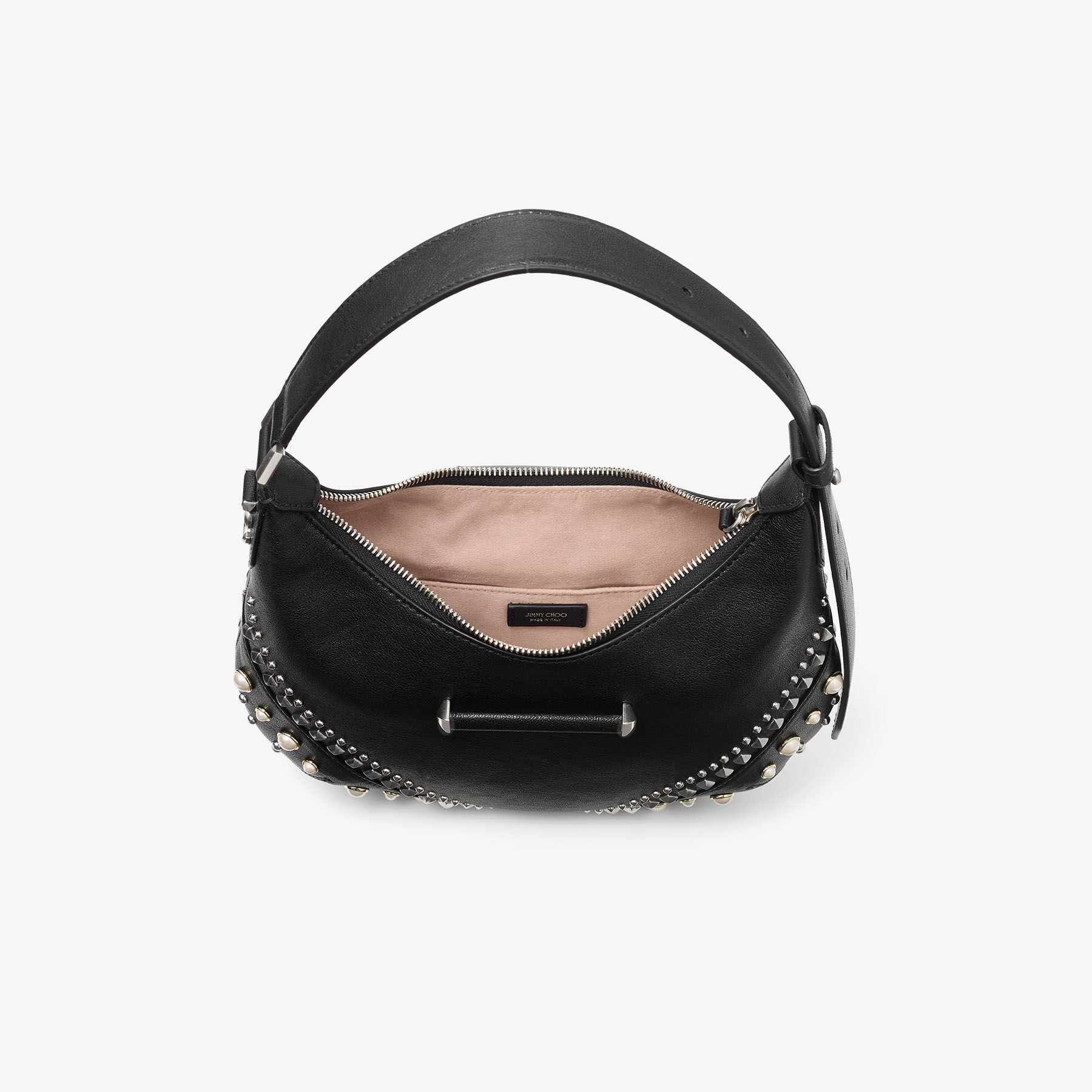バッグ Jimmy Choo Studded Leather Shoulder Bag Bar Hobo Small | Black Biker Leather Shoulder Bag with Pearl Studs
