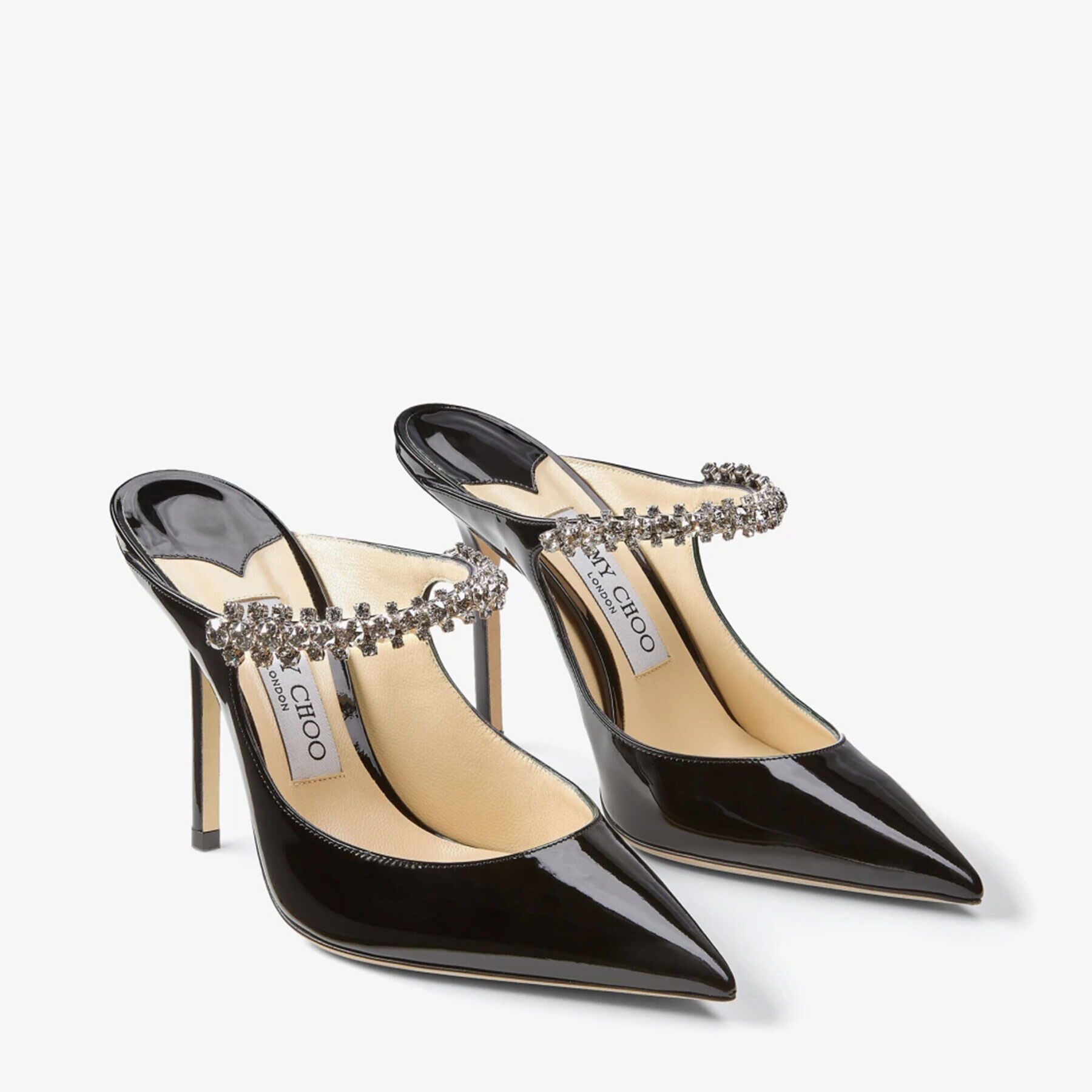 ジミーチュウ　 bing100 ヒール　ミュール Bing 100 | Black Patent Leather Mules with Crystal Strap | JIMMY CHOO