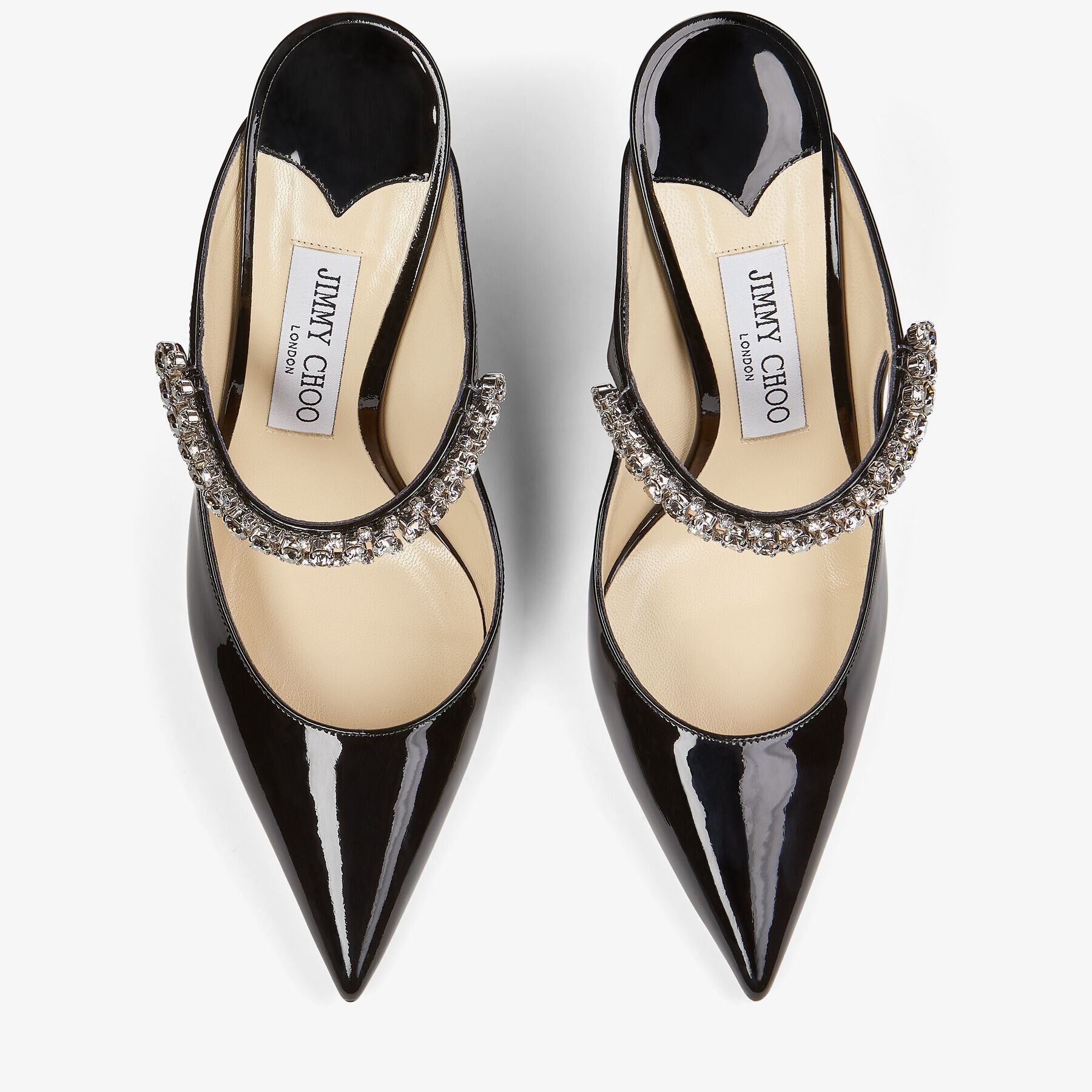 ジミーチュウ　 bing100 ヒール　ミュール Bing 100 | Black Patent Leather Mules with Crystal Strap | JIMMY CHOO