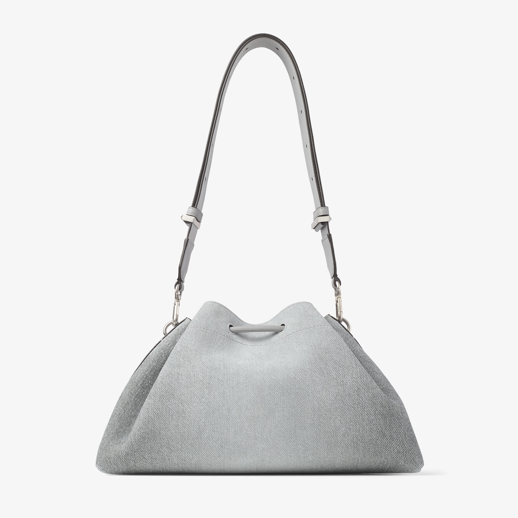 Cinch Medium | Dove Suede Denim Bucket Bag | JIMMY CHOO