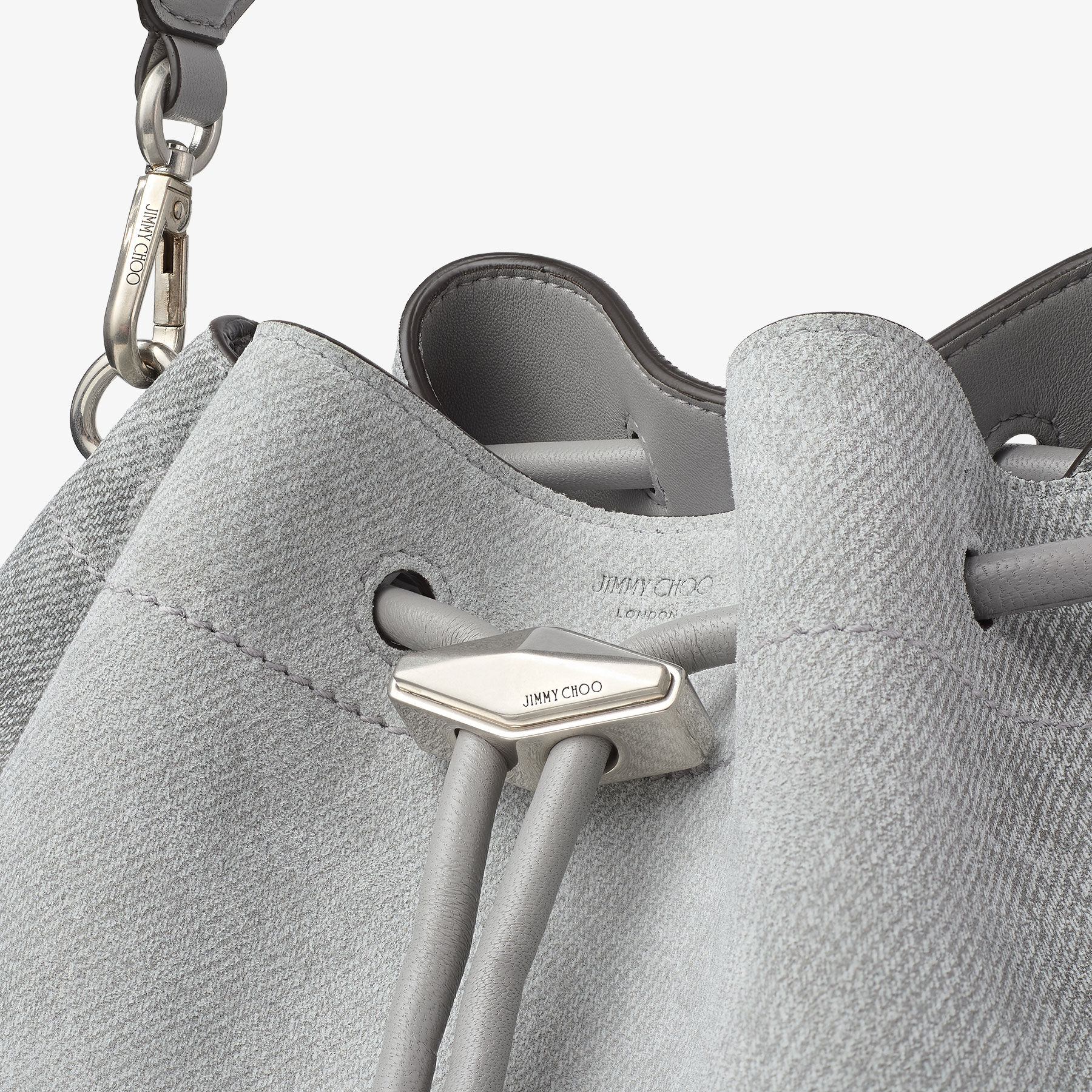 Cinch Medium | Dove Suede Denim Bucket Bag | JIMMY CHOO