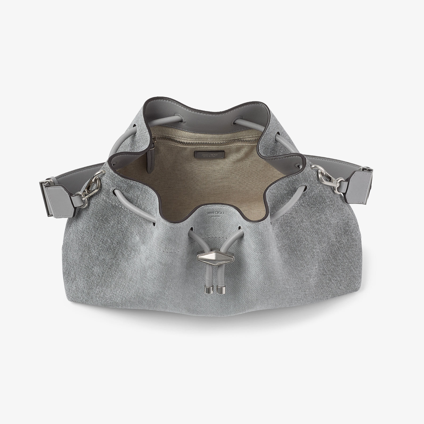Cinch Medium | Dove Suede Denim Bucket Bag | JIMMY CHOO